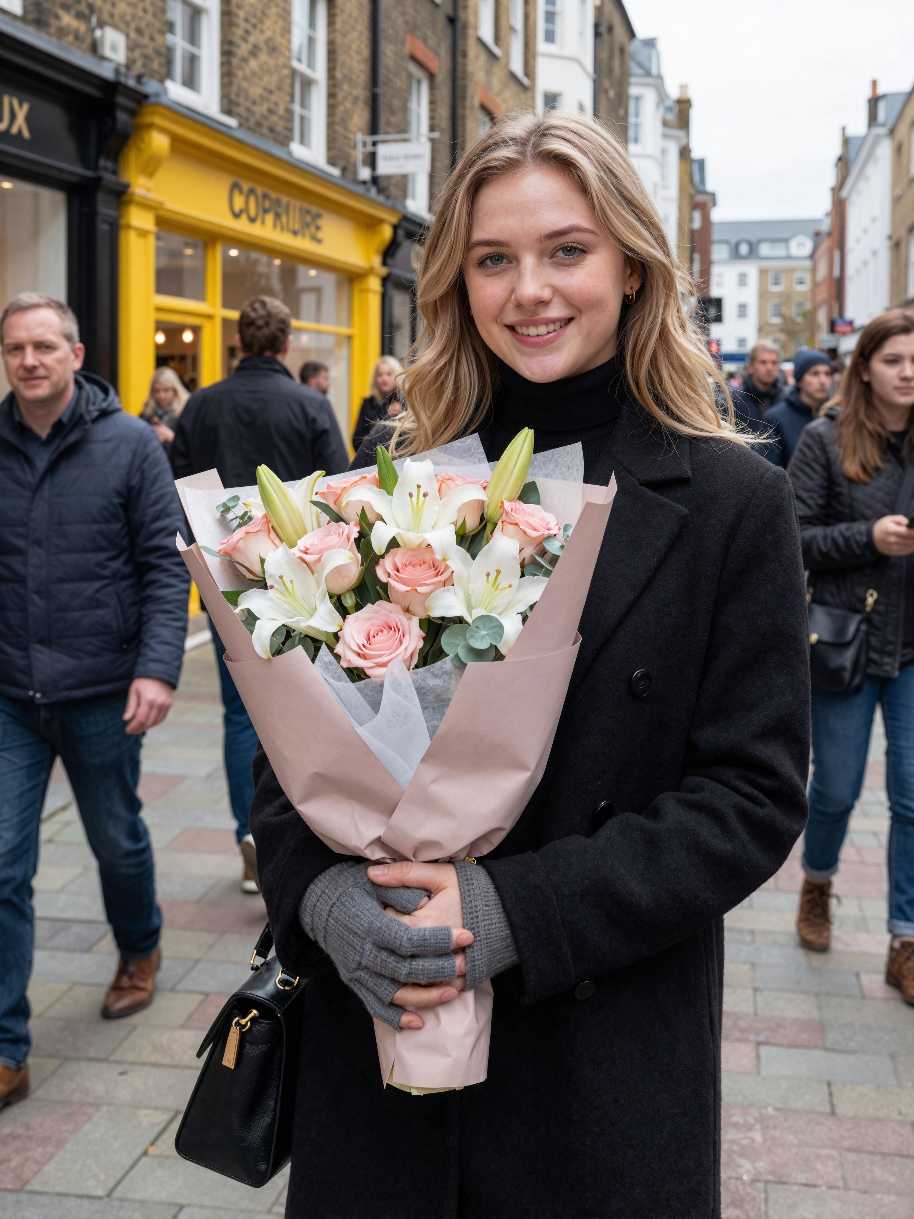 Soft Smile With a Lily Bouquet on a Busy Street