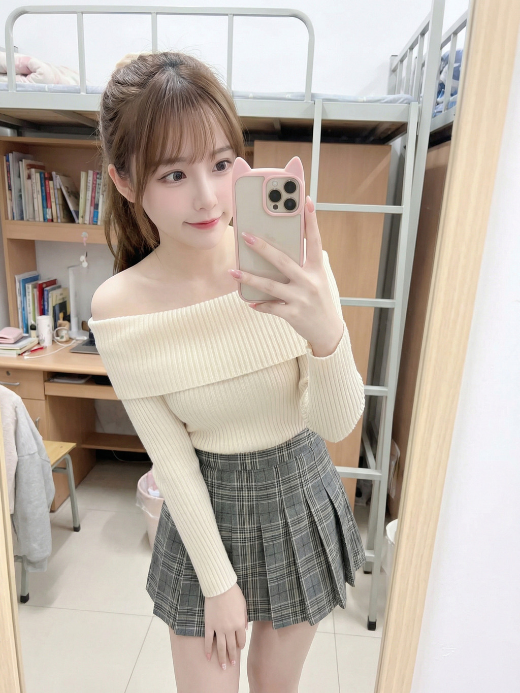 Soft Mirror Selfie in Ribbed Knit and Plaid Pleats