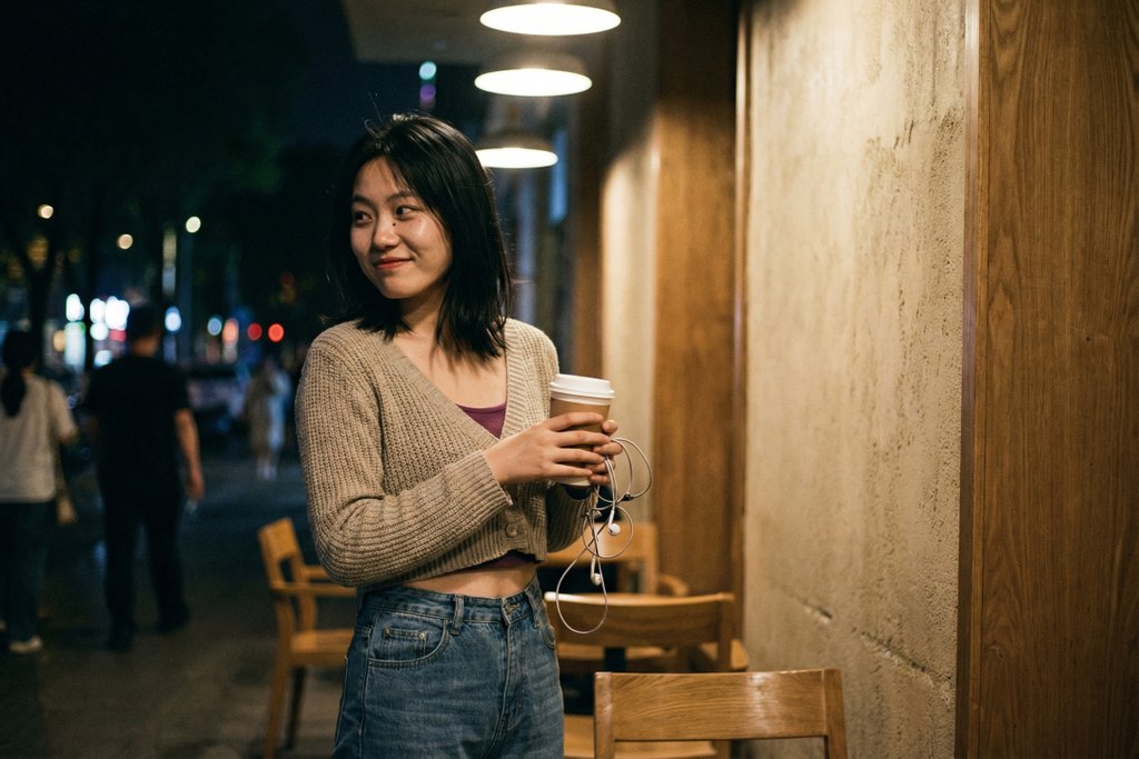 Warm hallway portrait with coffee cup and dangling earphones
