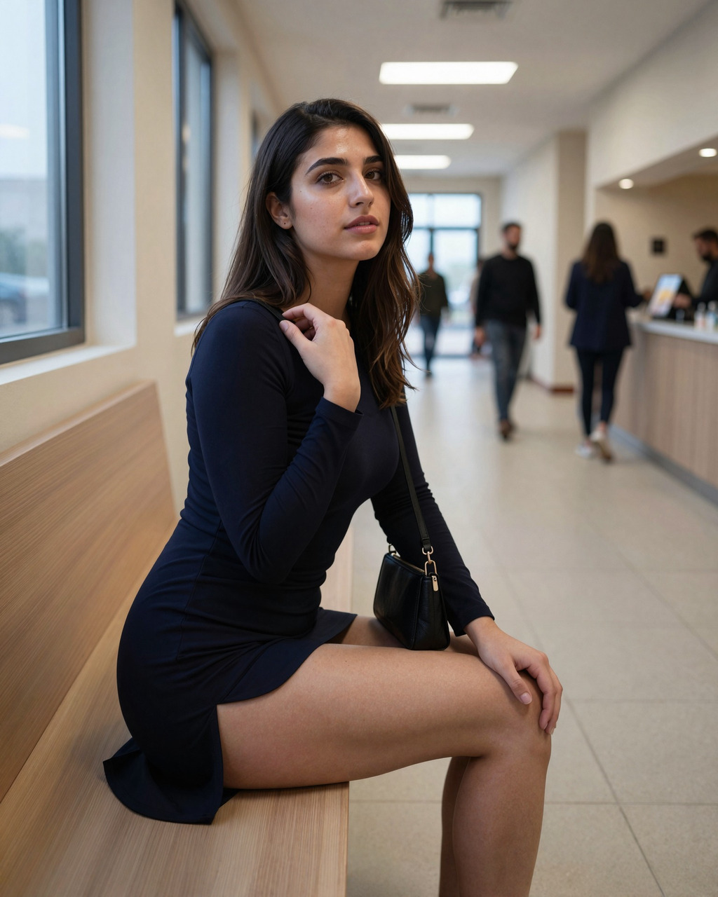 Poised Portrait on a Hallway Bench, Soft Focus Behind