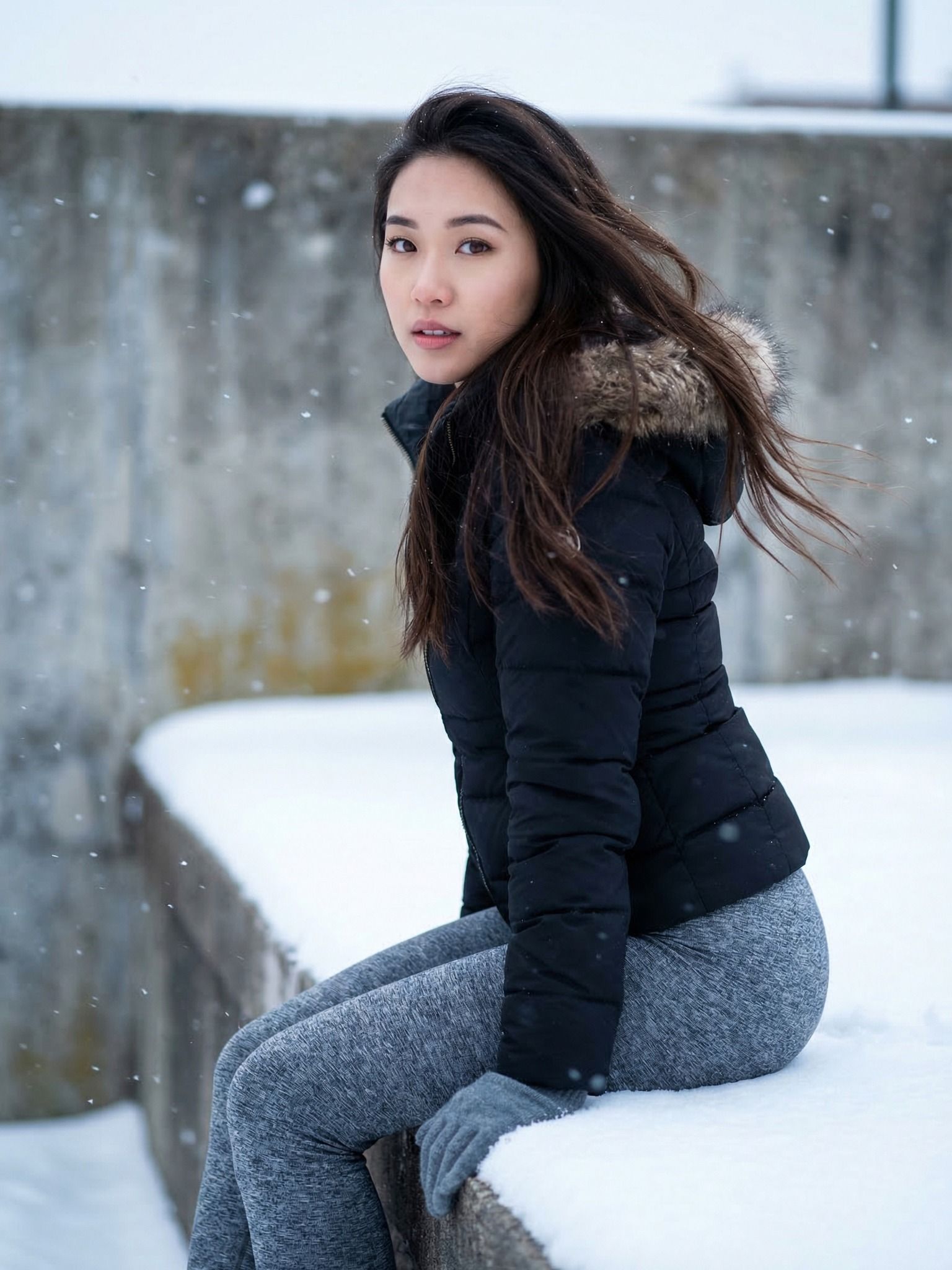 Wind-Touched Winter Portrait With a Quiet Over-Shoulder Gaze