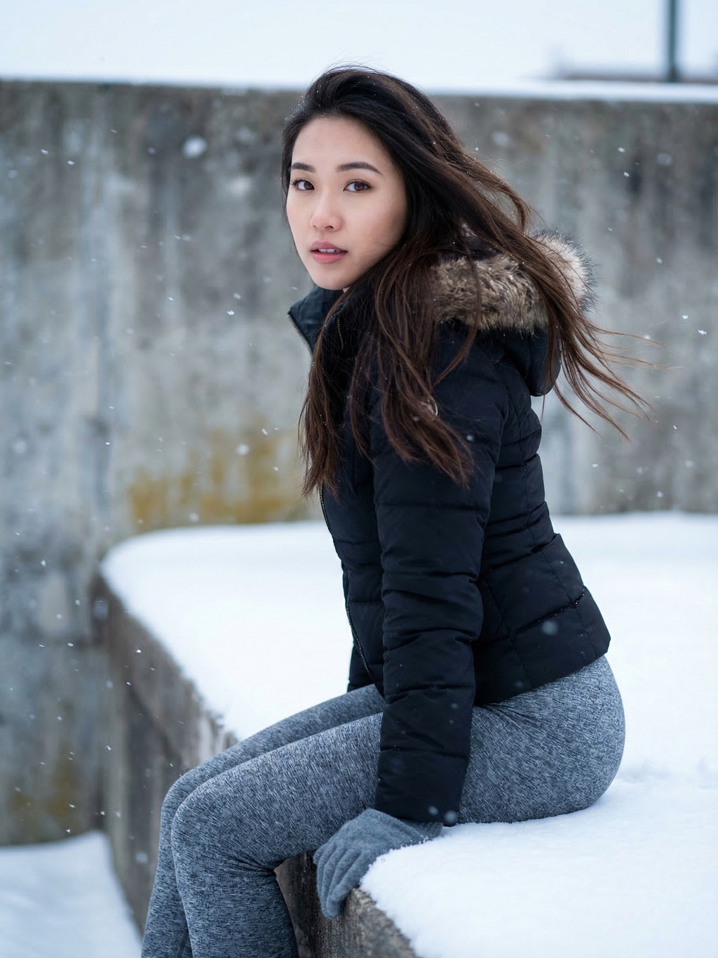 Wind-Touched Winter Portrait With a Quiet Over-Shoulder Gaze