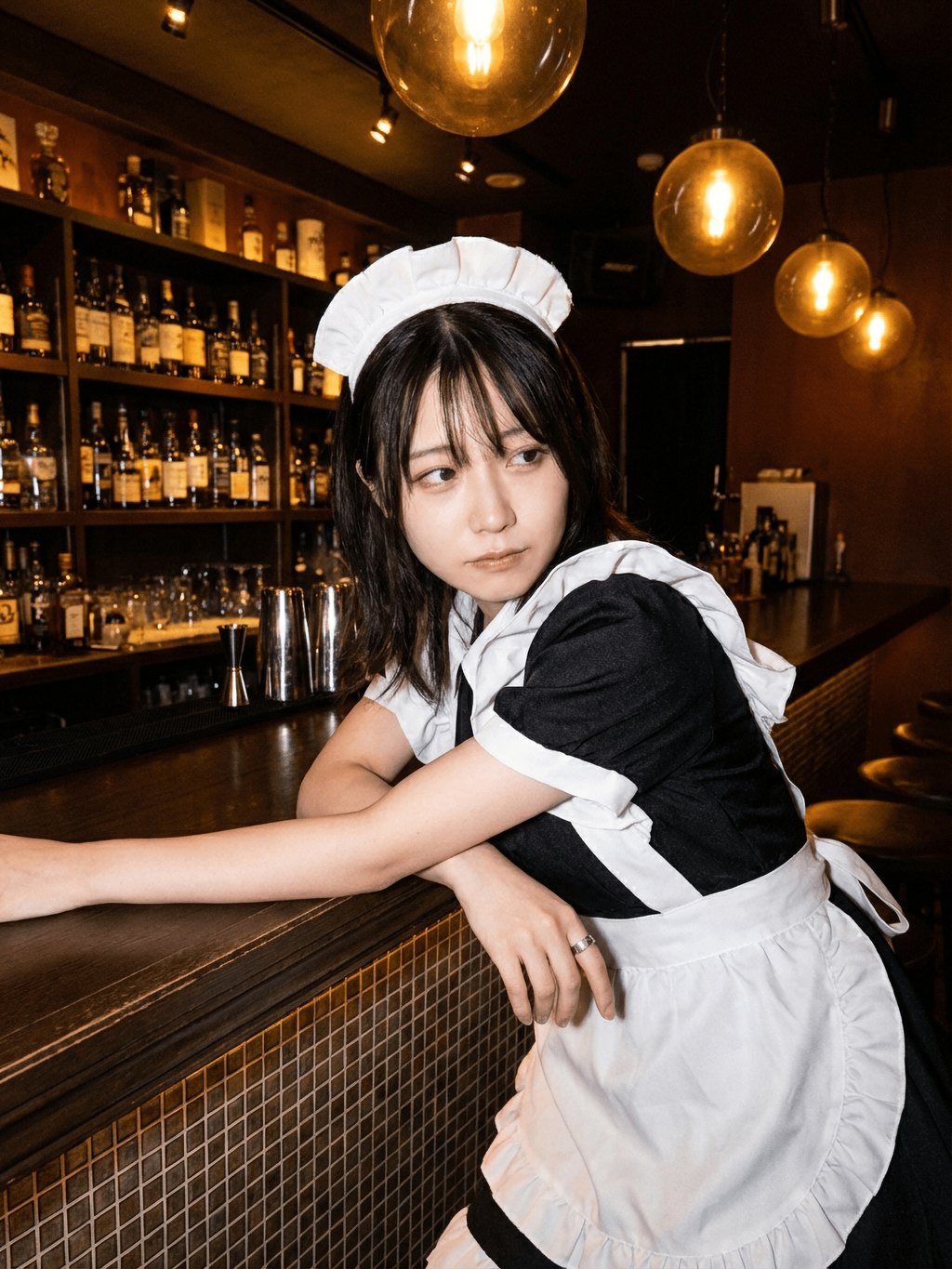 Maid-inspired portrait leaning at a dim bar counter