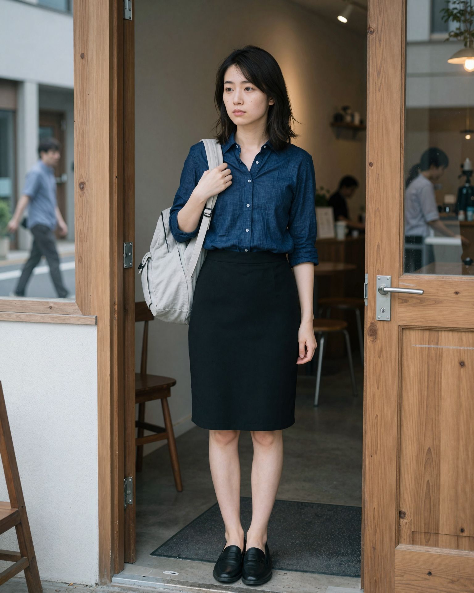 Quiet doorway portrait with a shoulder bag strap held