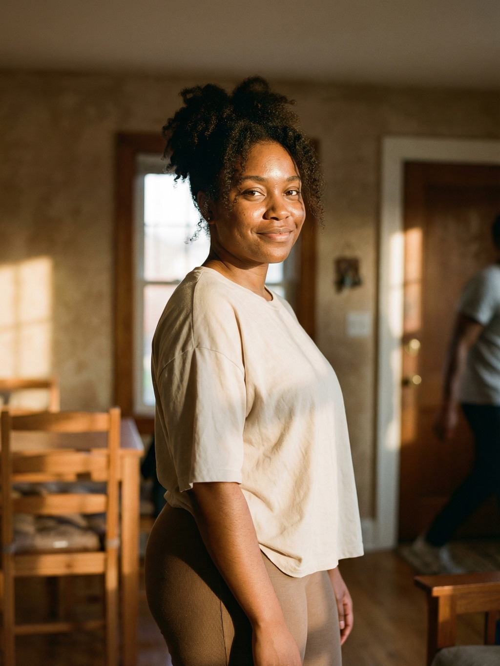 Soft Window Light and a Quiet Side-Glance Smile
