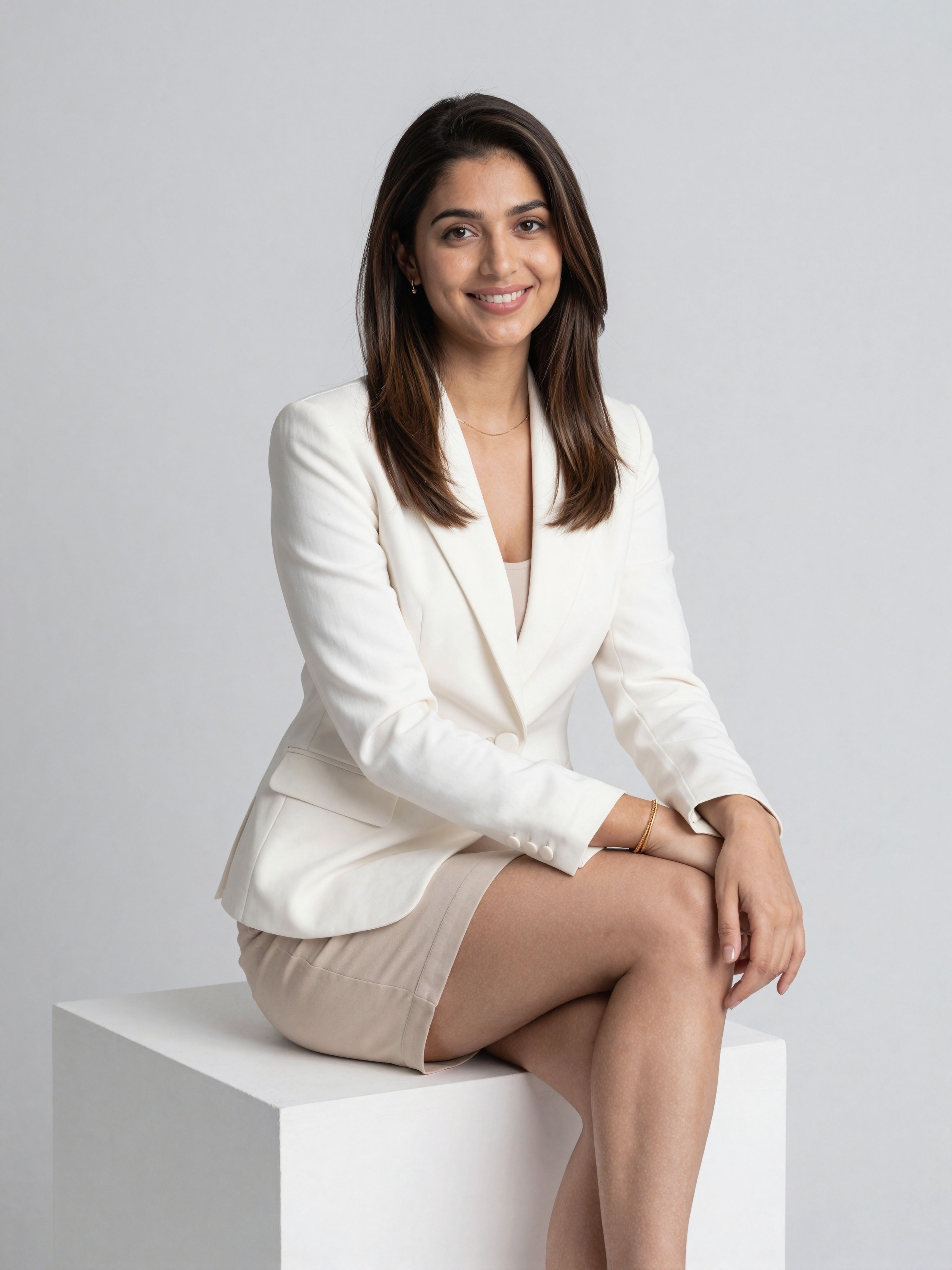 Warm Studio Portrait of a Woman in a White Blazer