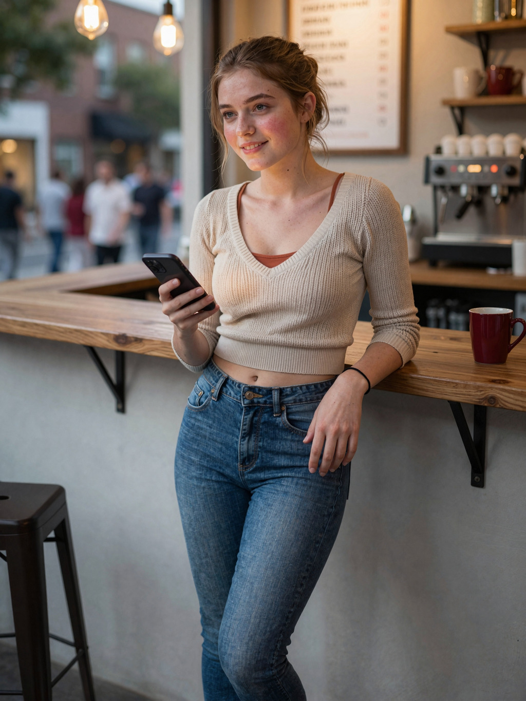 Soft smile by the counter, phone in hand