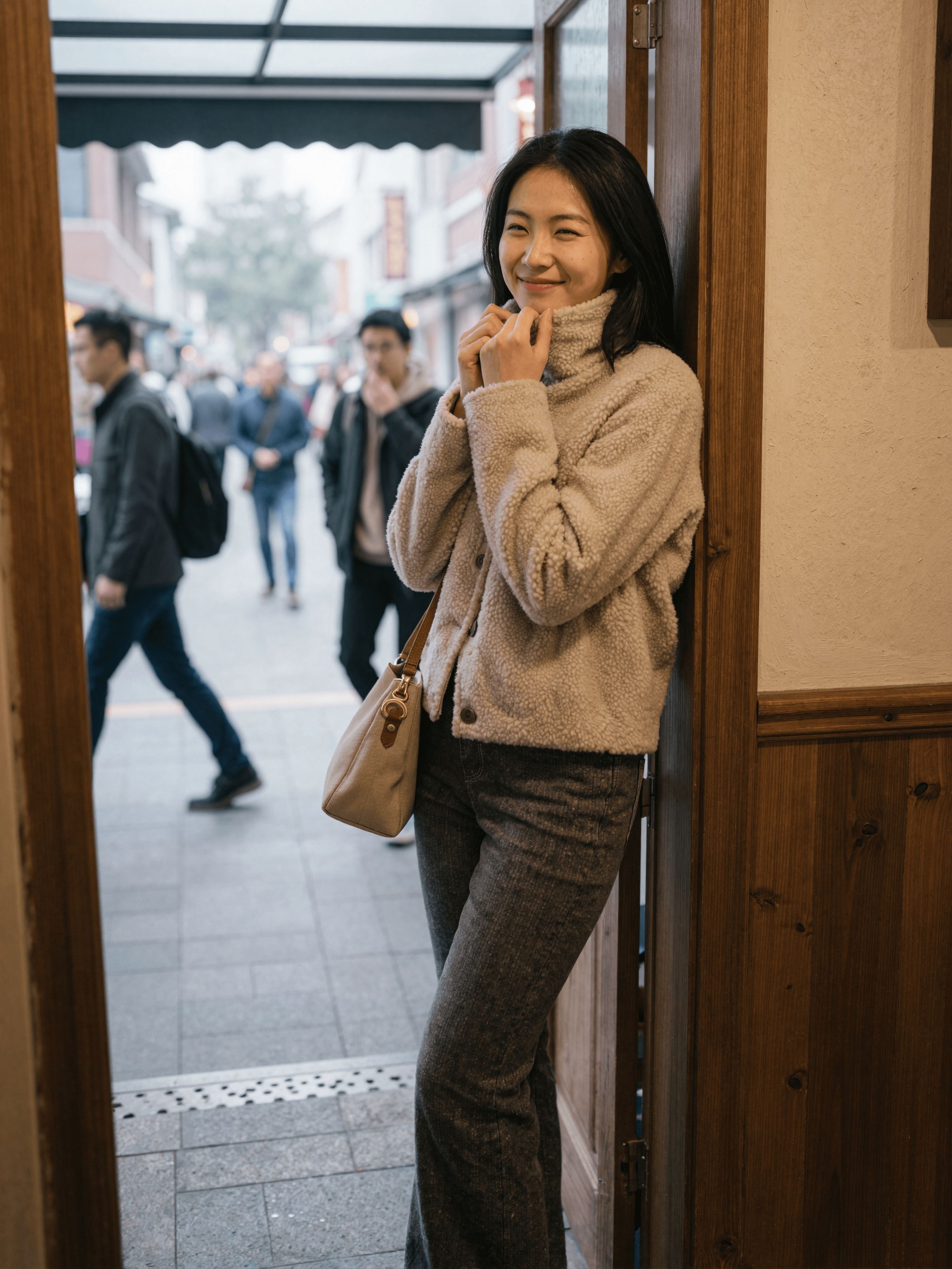 Warm smile at the doorway, hands tucked to collar