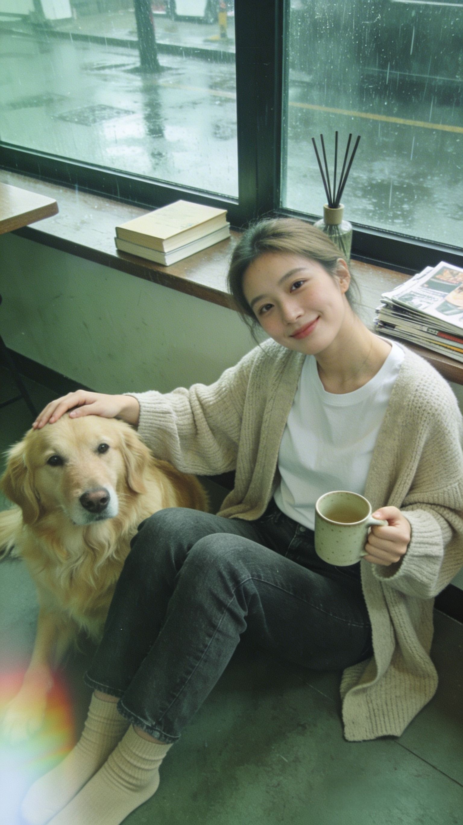 Soft Windowlight Portrait With Woman Petting Golden Retriever