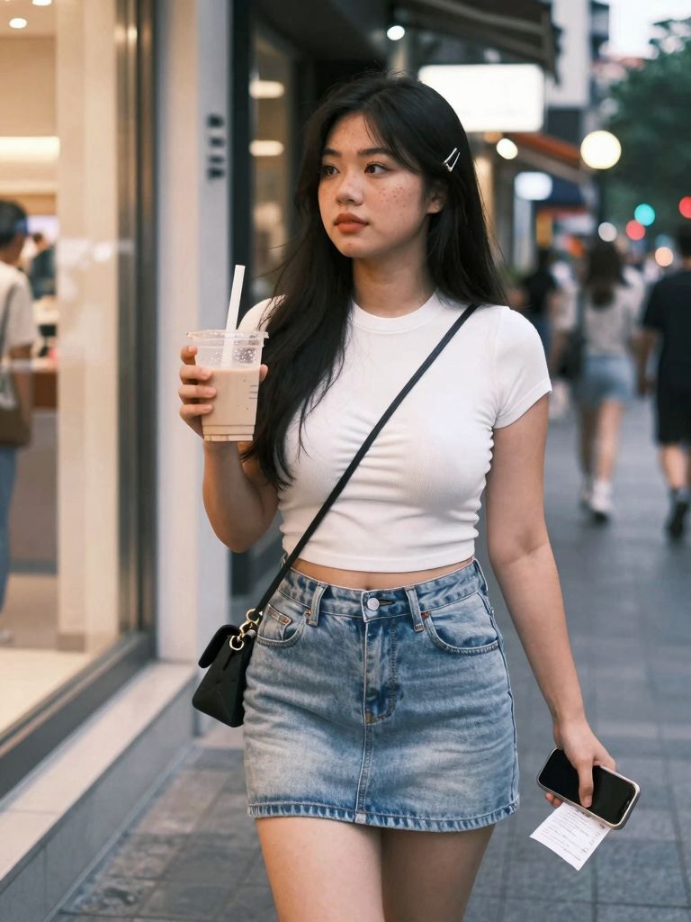 Soft gaze with iced drink on a city sidewalk