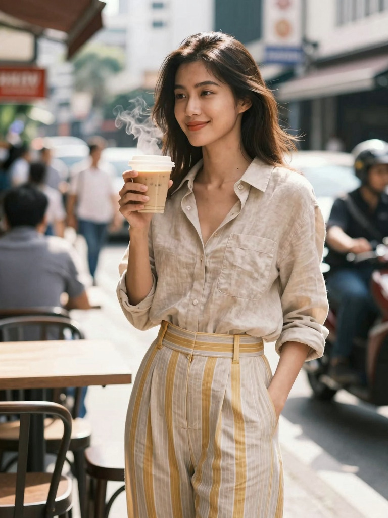 Soft smile with a steaming cup on a busy street