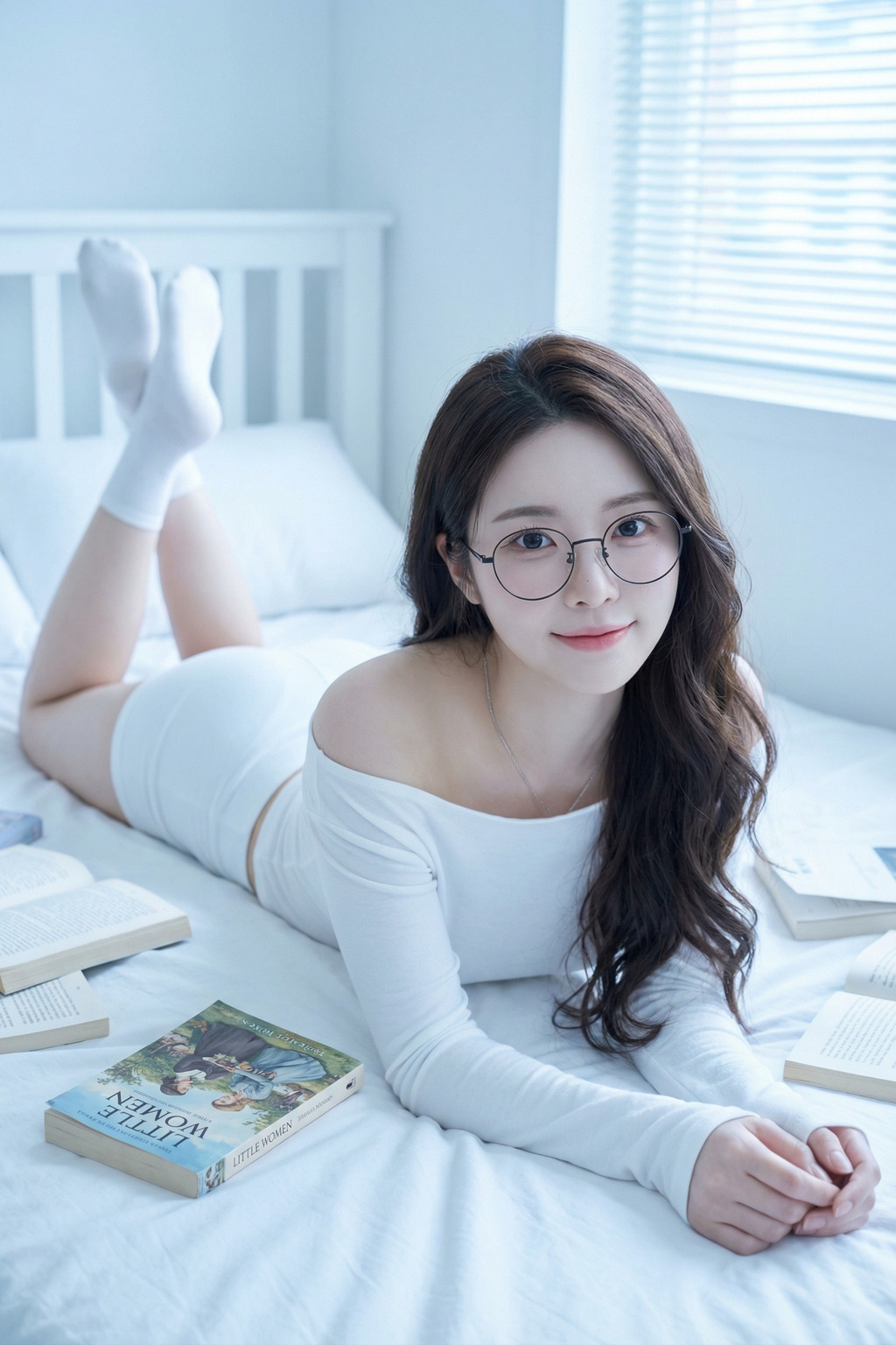 Soft Window Light Portrait of a Woman Among Open Books