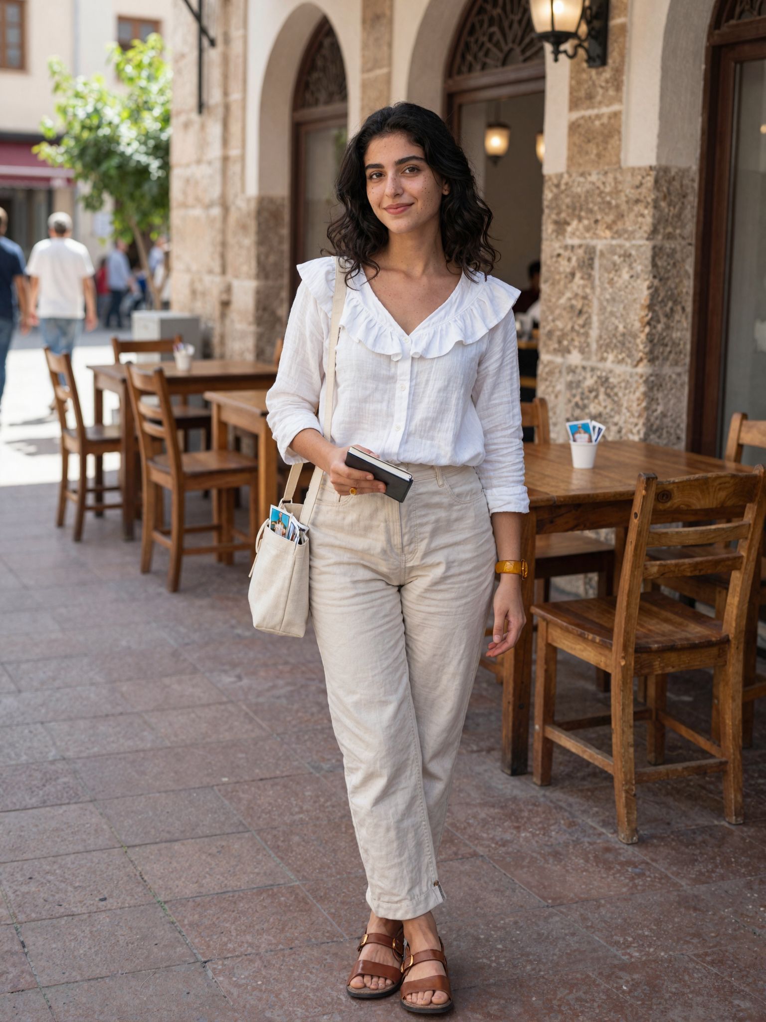 Soft Smile Outside an Archway Café in Late Spring