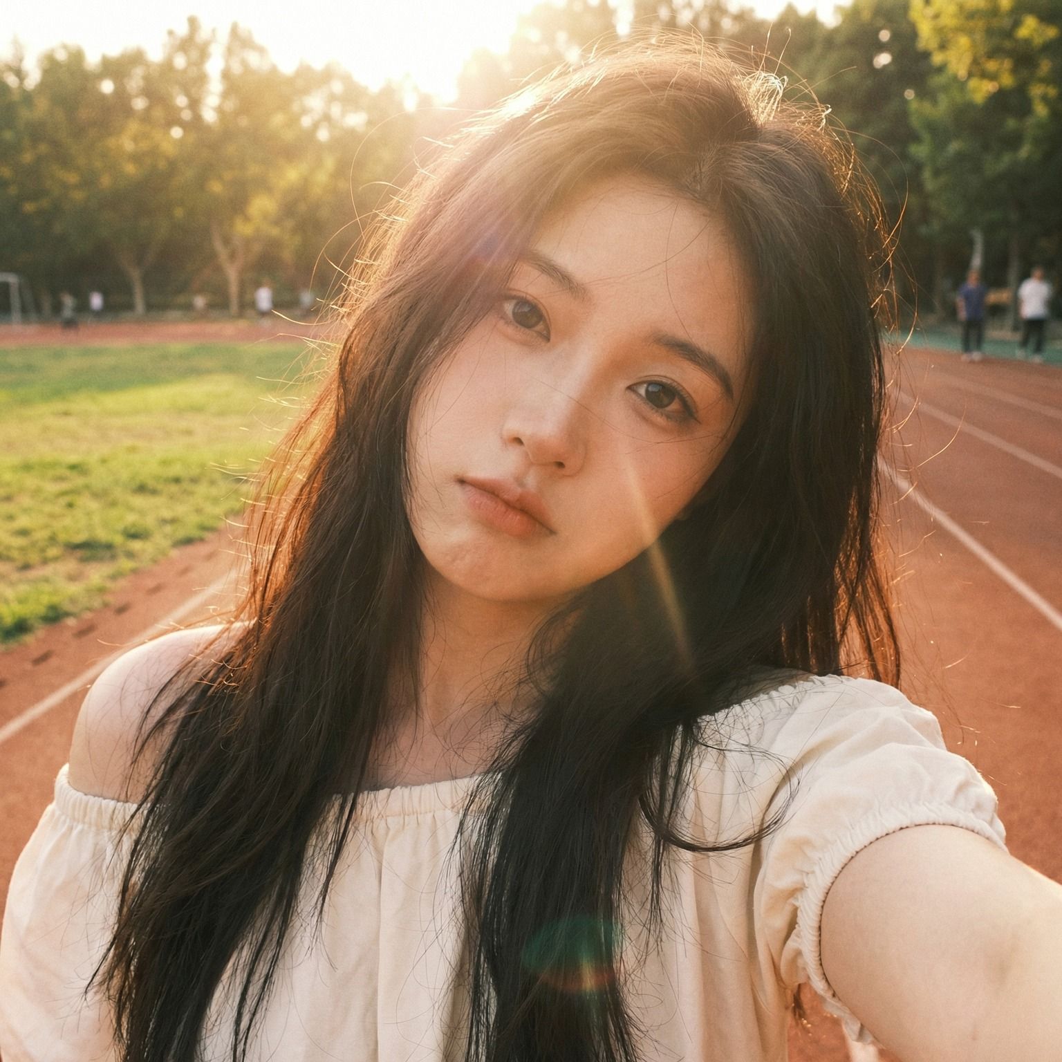 Golden-Hour Track Selfie With Soft, Direct Gaze