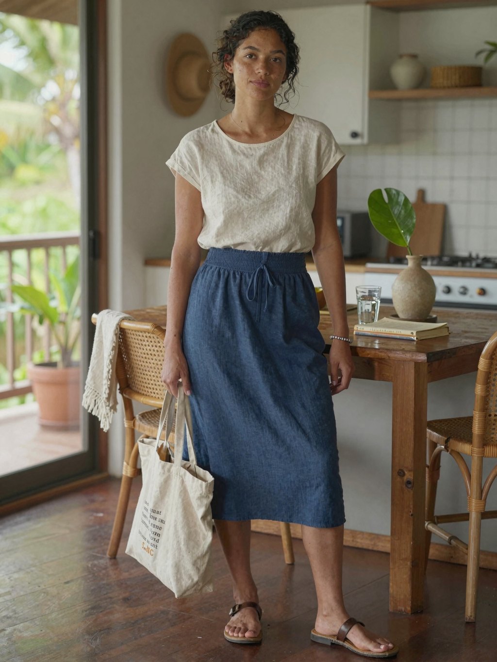 A quiet pause by the kitchen table in soft daylight