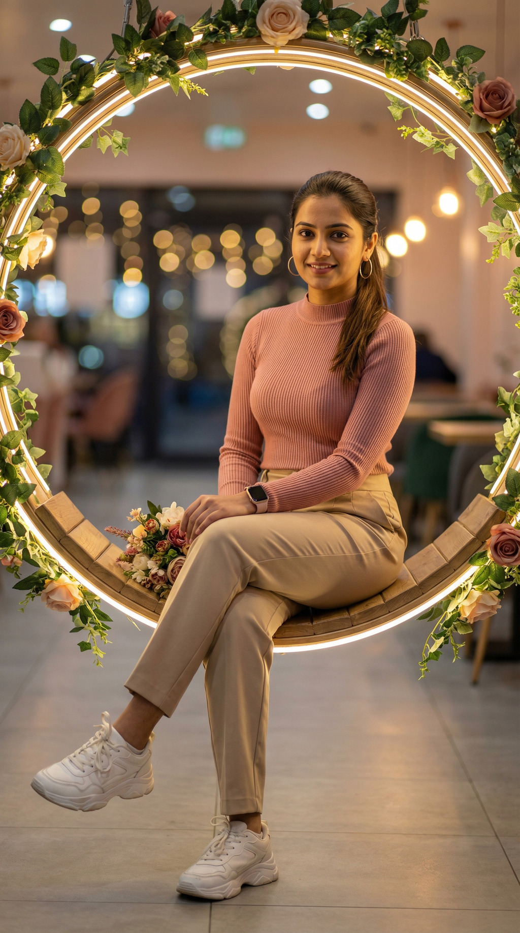 Smiling Woman Seated in a Floral Ring Light Portrait