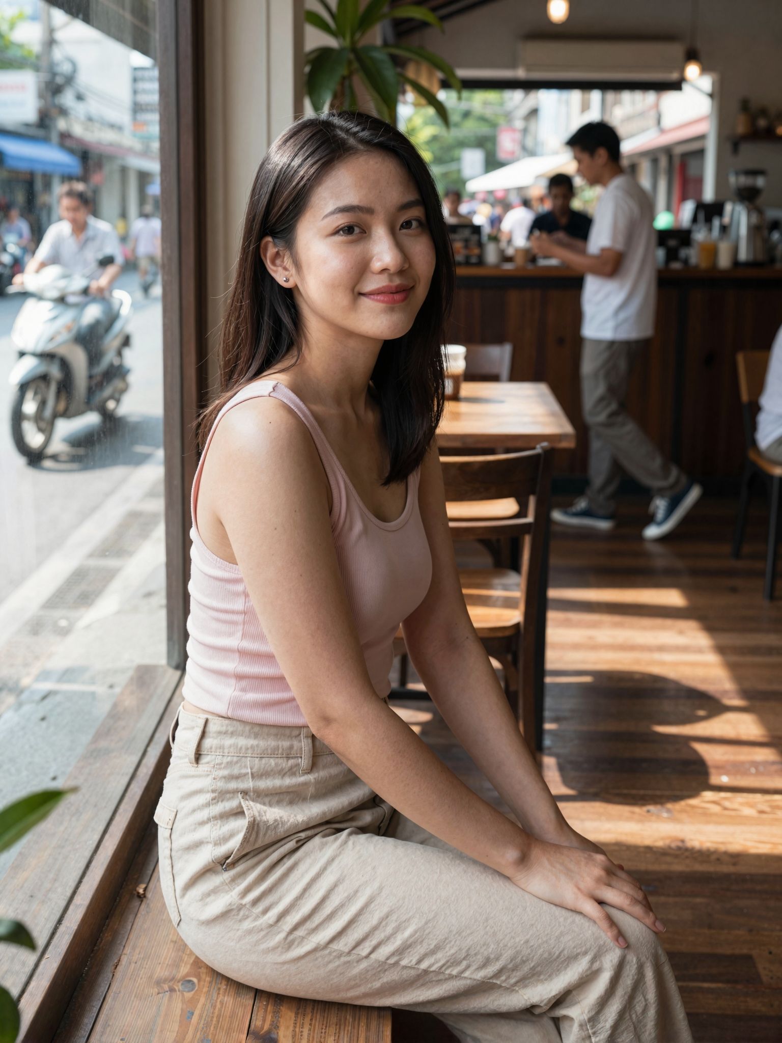 Soft smile by the café window, caught in warm light
