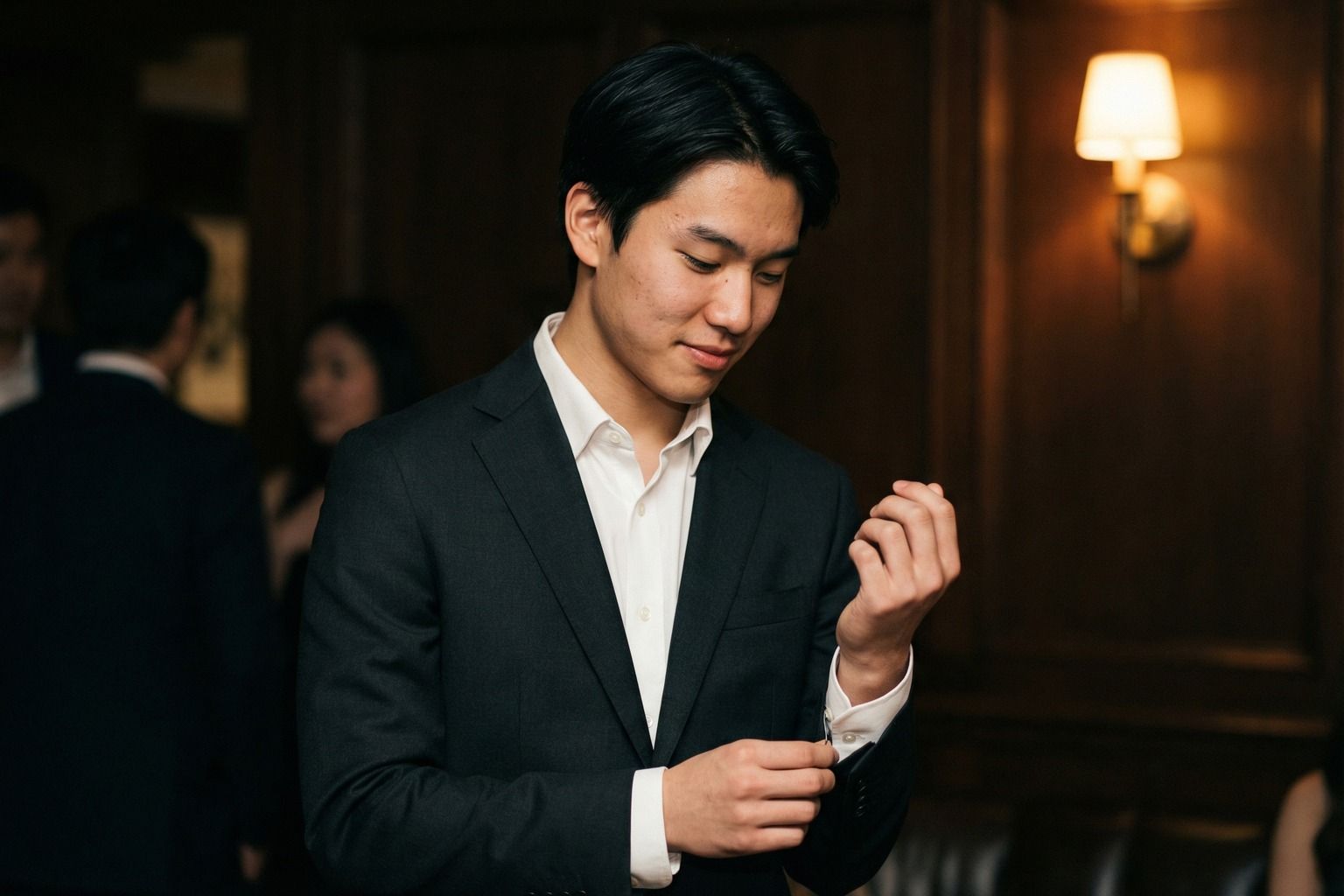 暖壁灯下整理袖口的人像