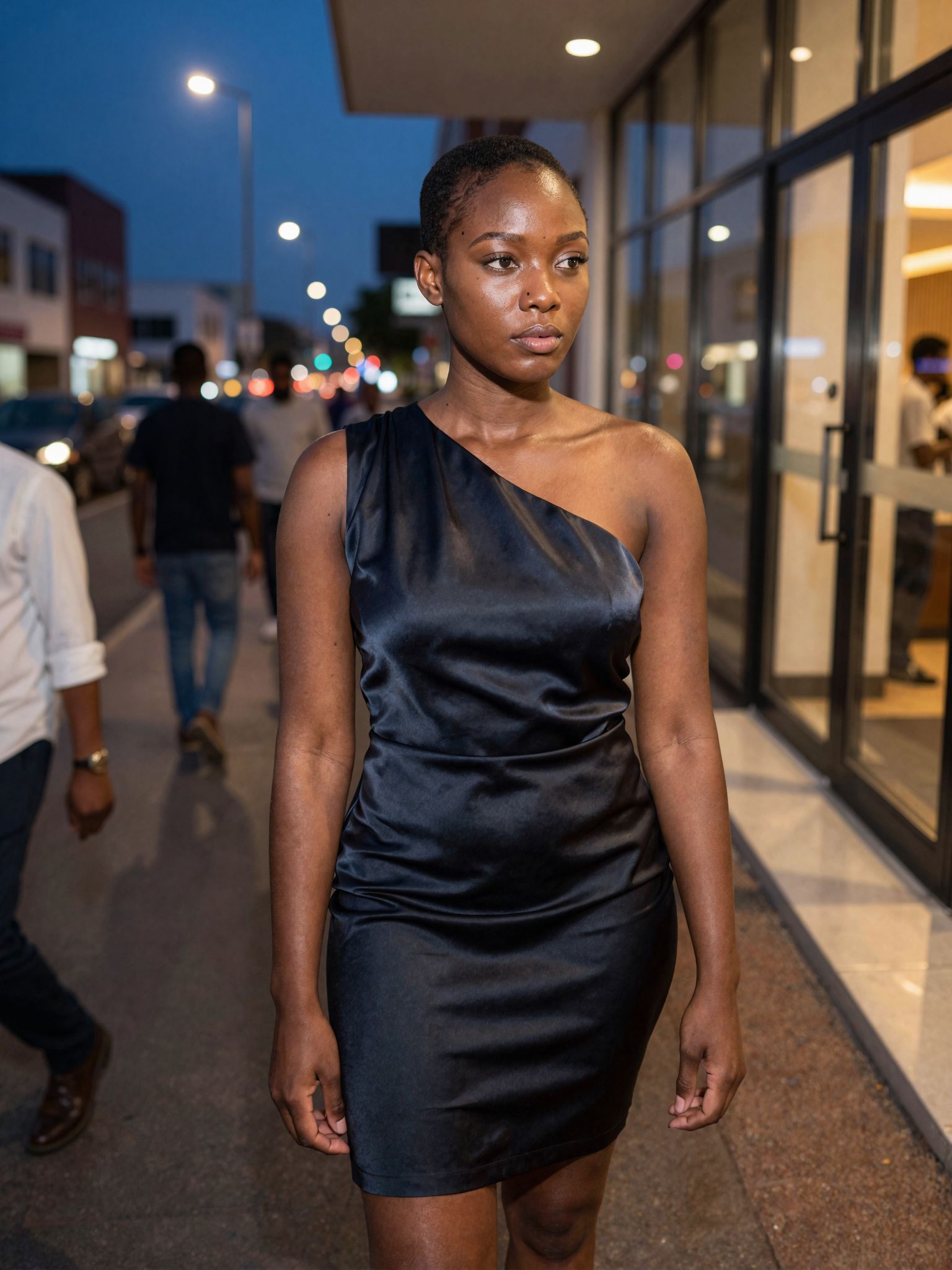 Blue-hour sidewalk portrait in a one-shoulder black dress