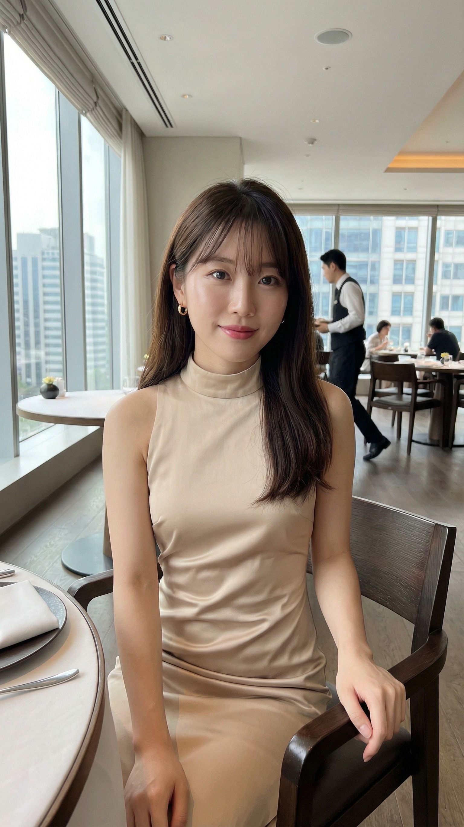 Soft Smile by the Window in a Satin Neutral Dress