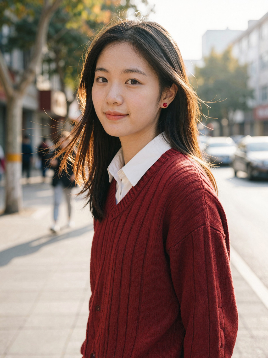 Soft Backlit Street Portrait With A Red Knit Sweater