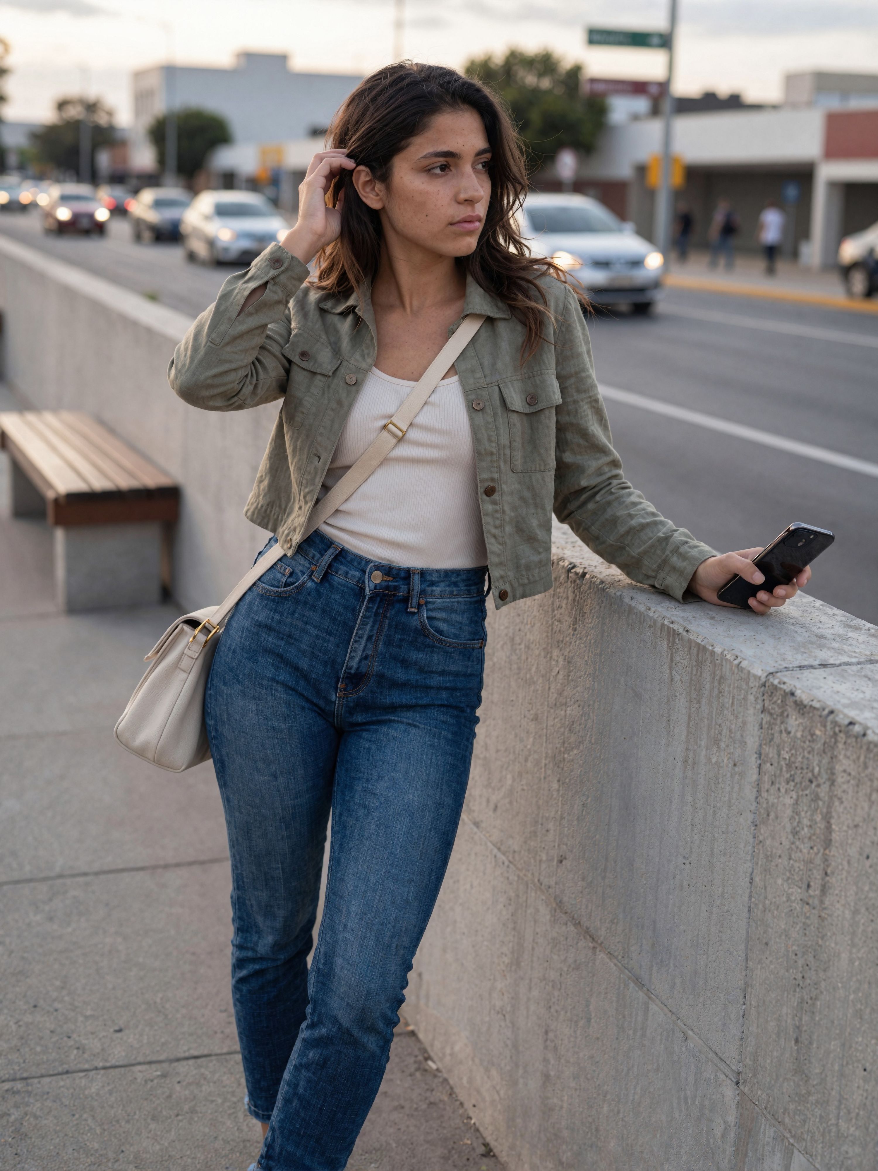 Side Glance Portrait by a Concrete Wall at Dusk