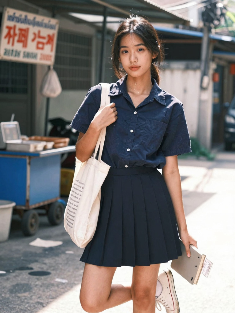 Soft afternoon glance in a navy school-style uniform