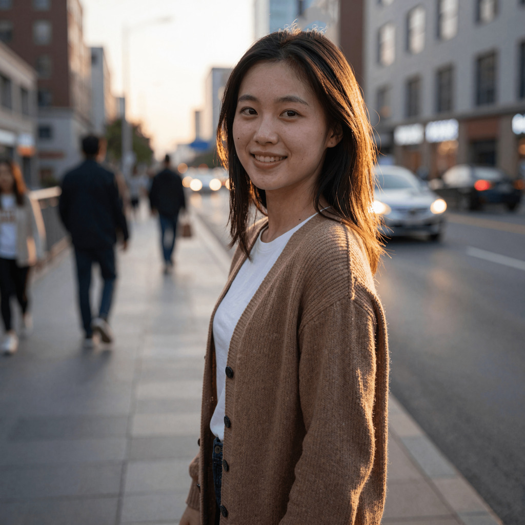 Warm backlit smile on a city sidewalk portrait