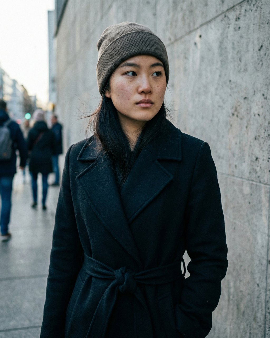 Sideward Gaze in a Knit Beanie and Dark Coat