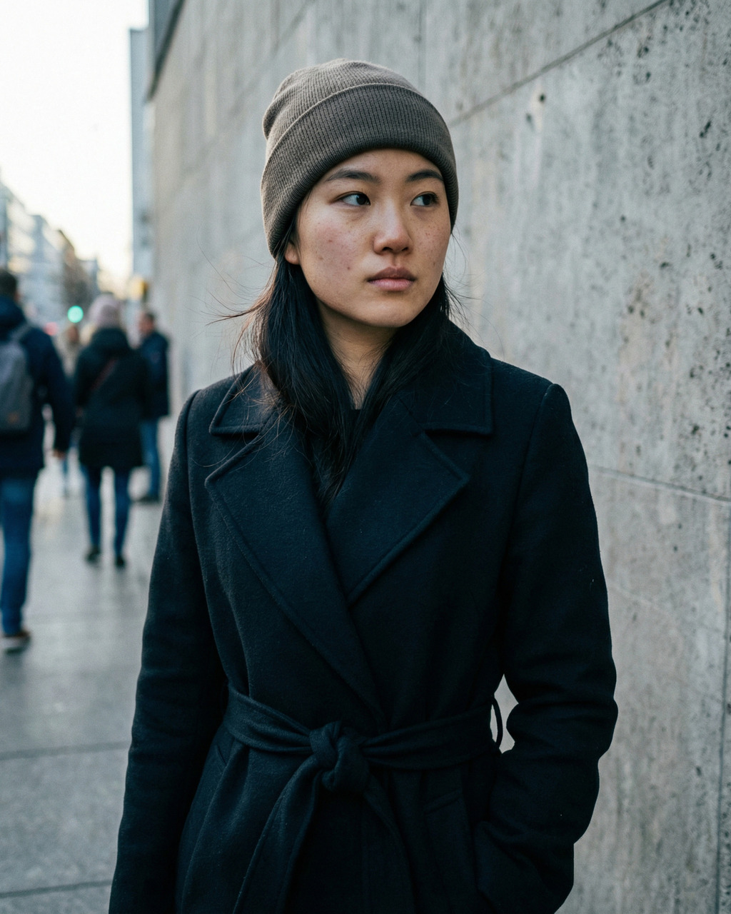 Sideward Gaze in a Knit Beanie and Dark Coat