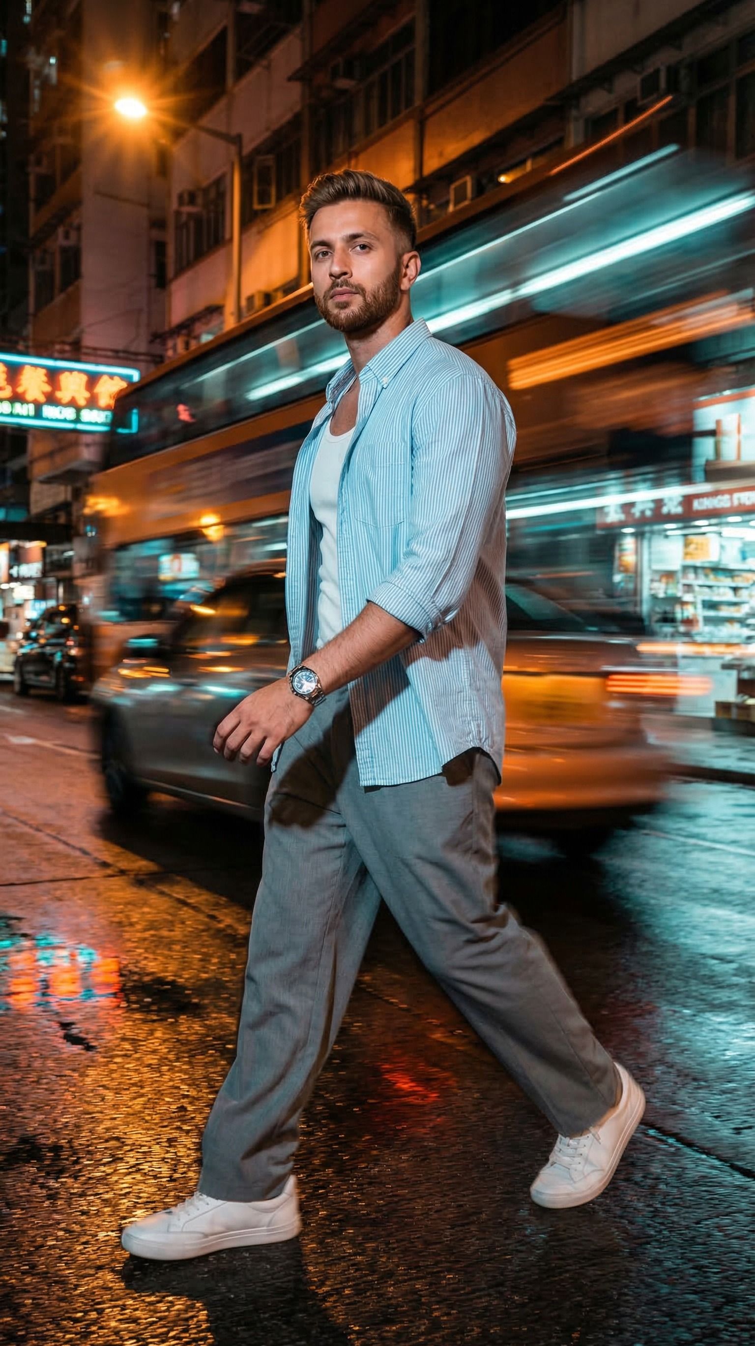 Candid Portrait of a Man Walking in Rolled-Sleeve Striped Shirt