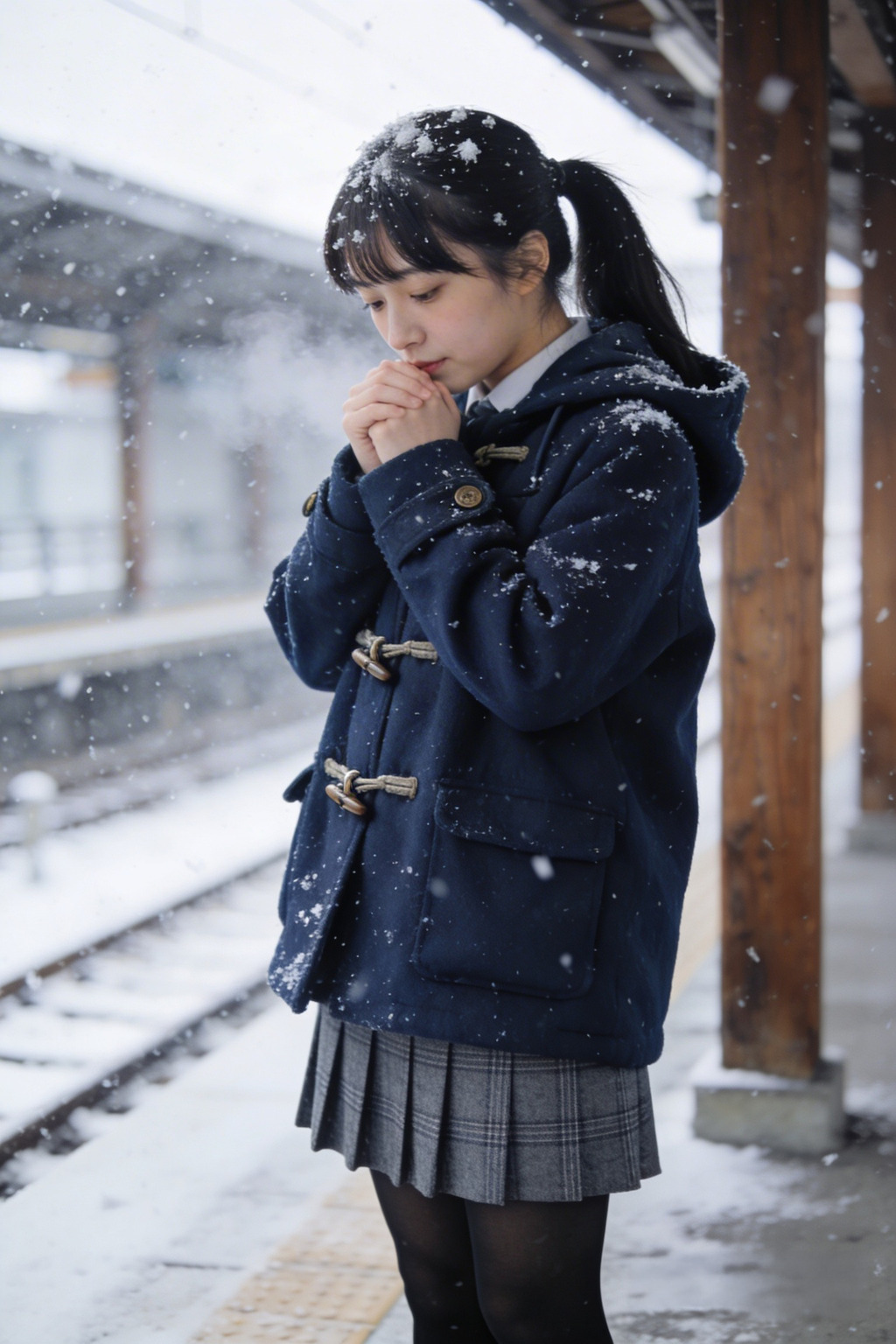 Quiet Winter Platform Portrait With Snow-Dusted Hair