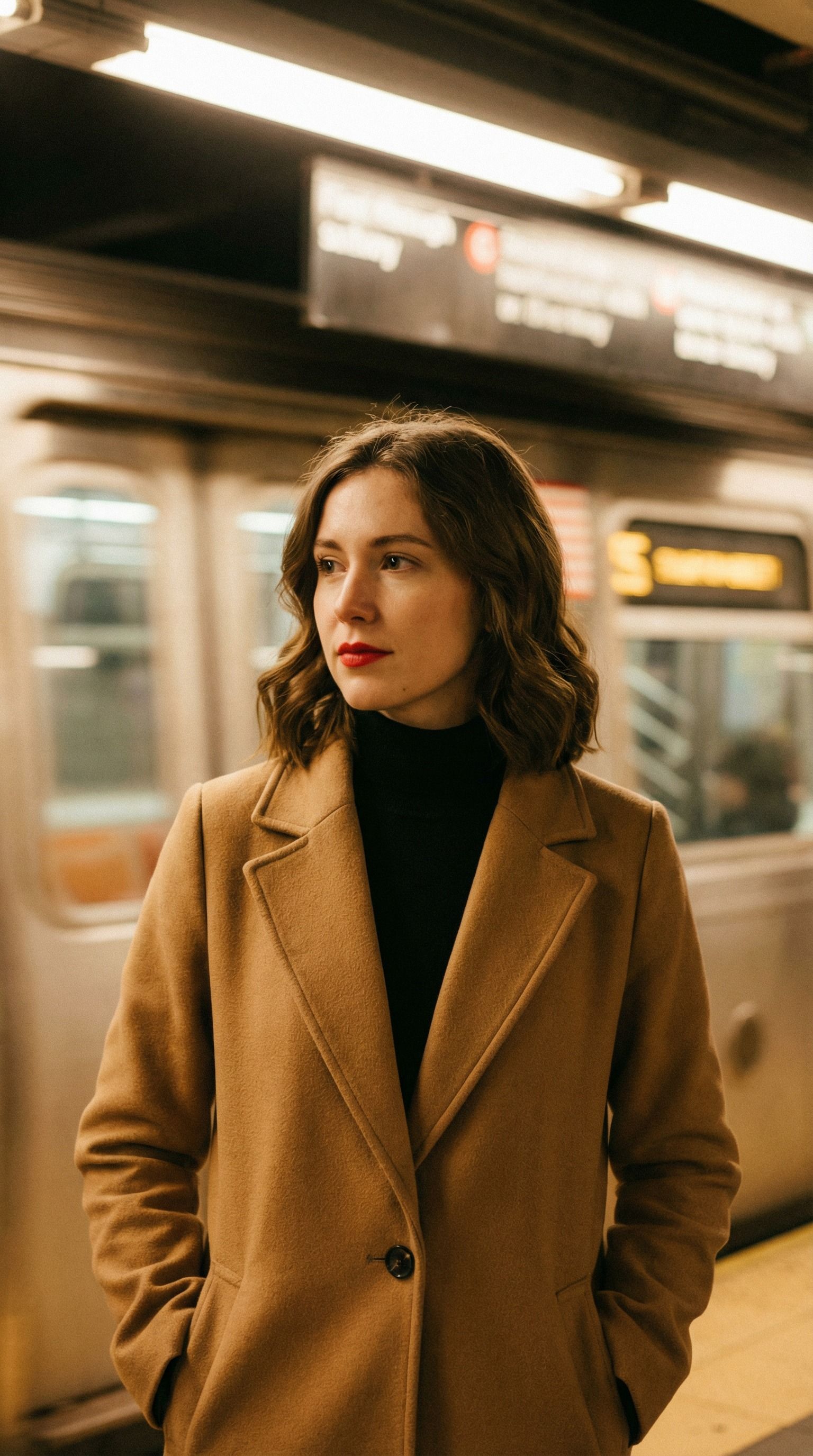 Warm Platform Portrait With Red Lip And Quiet Gaze