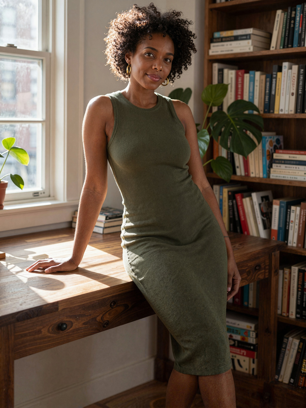 Leaning in warm window light, calm and quietly playful