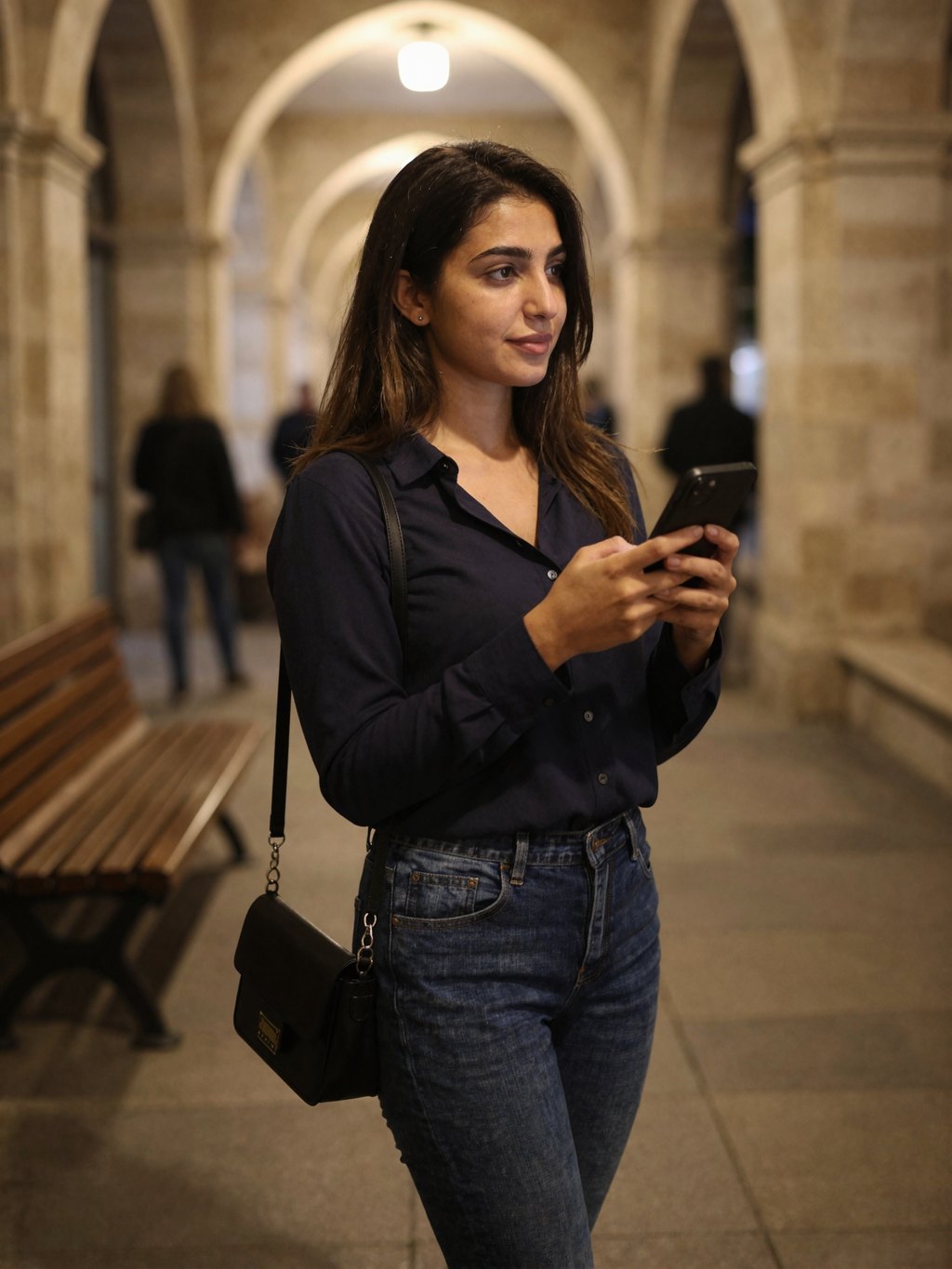 Quiet profile portrait with a phone under archway light