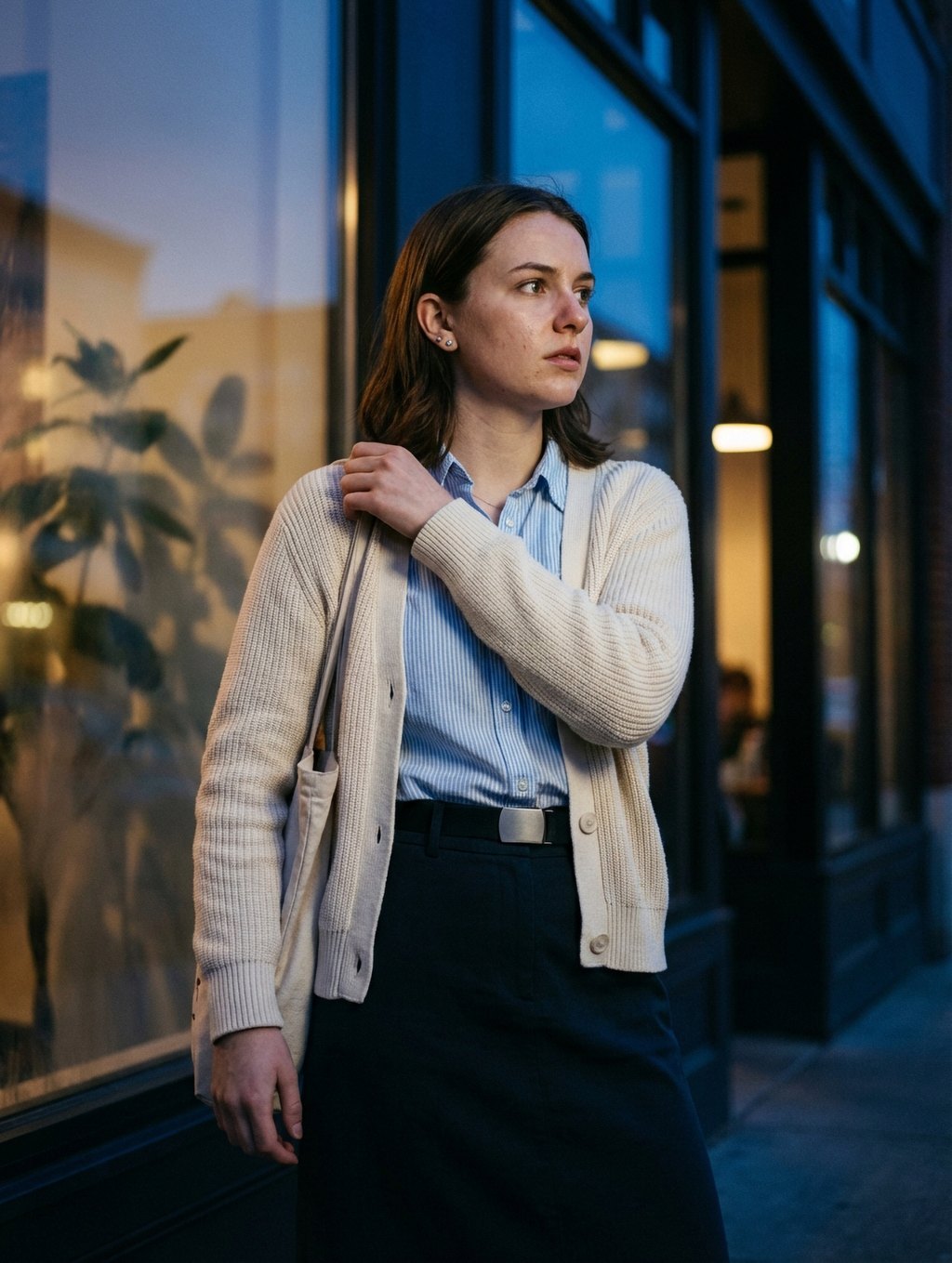Quiet pause by the blue-lit window, tote strap in hand