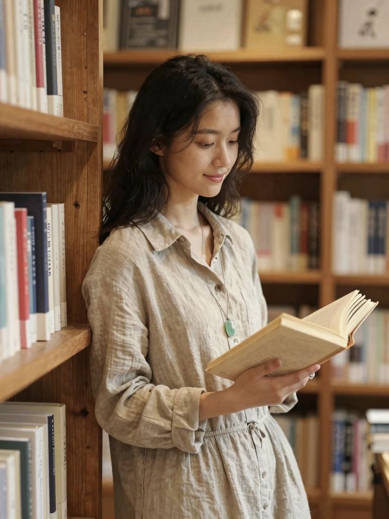 Quiet Reading by the Wooden Shelves in Soft Light