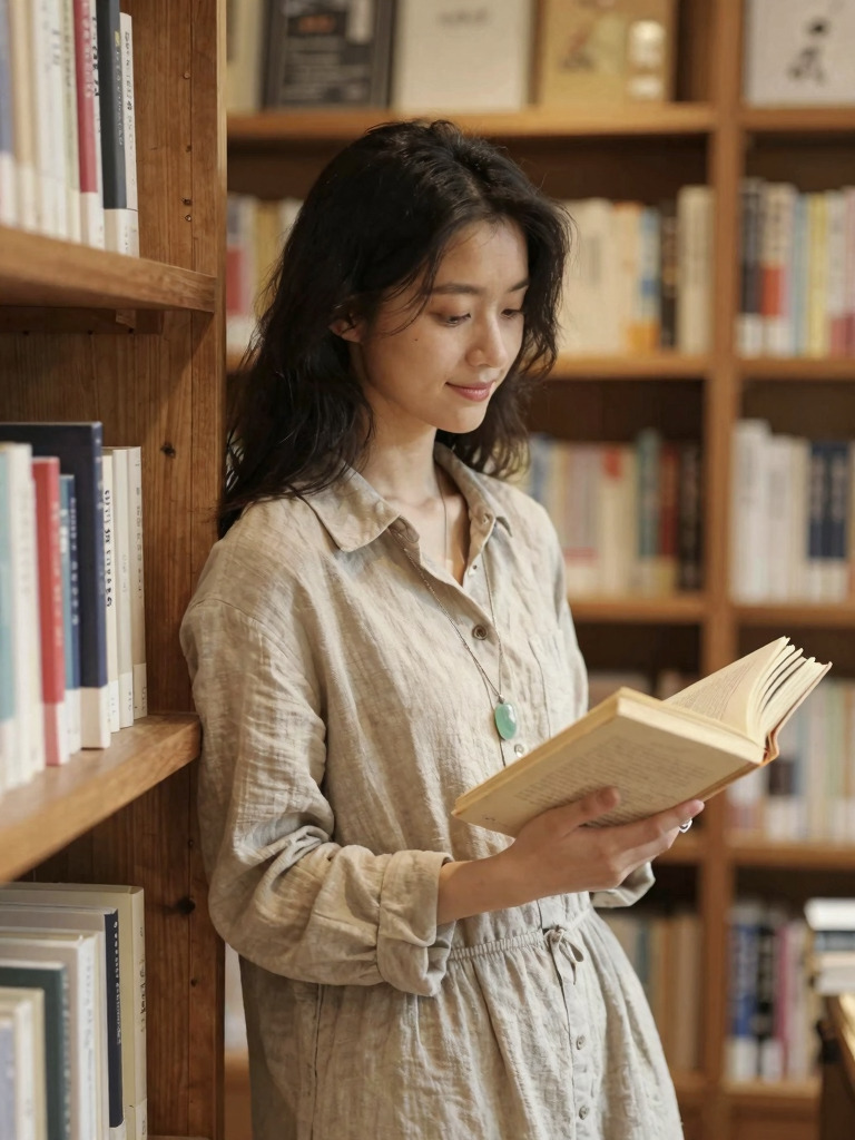 Quiet Reading by the Wooden Shelves in Soft Light