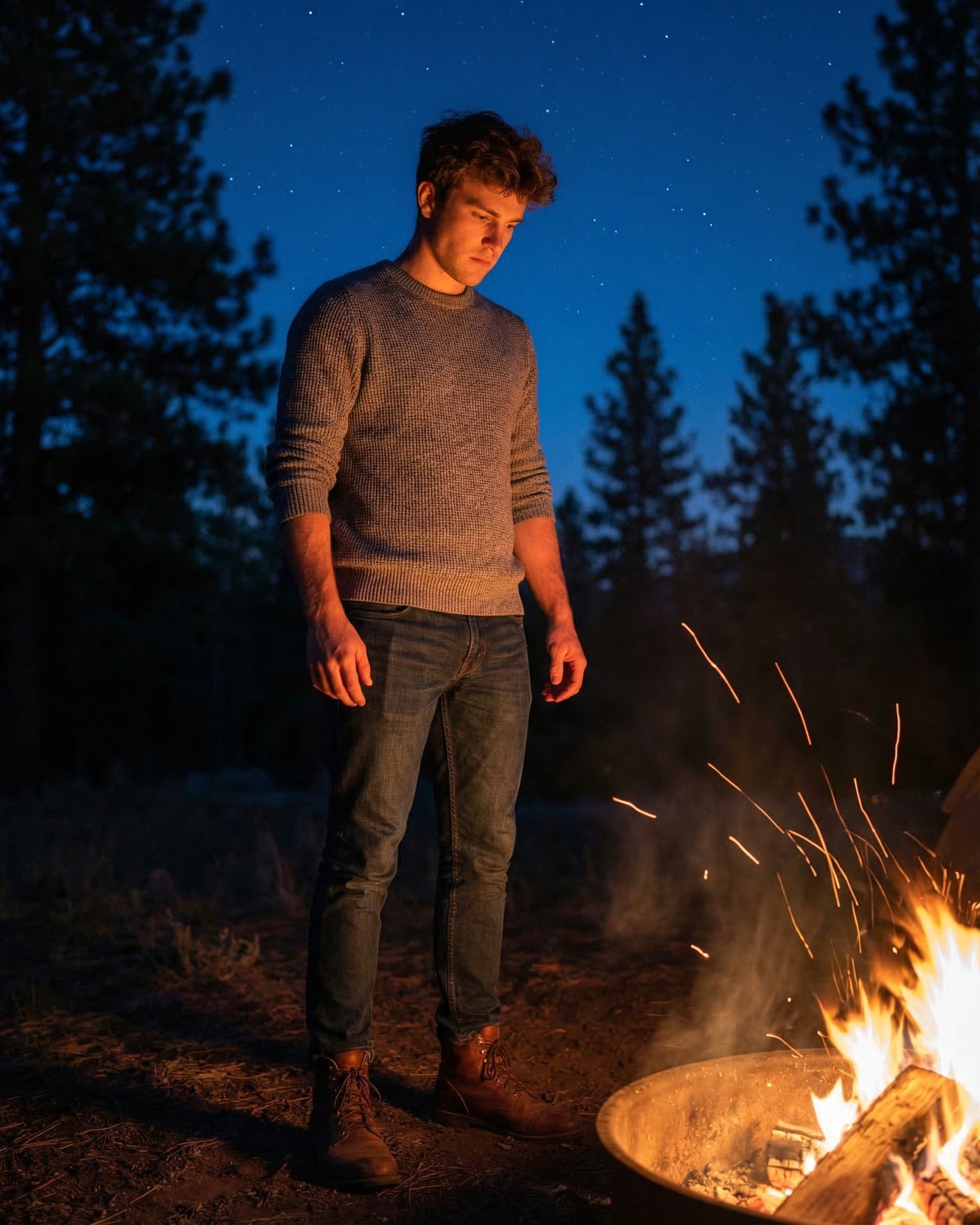 Portrait of a Man in Knit Sweater by Campfire Glow