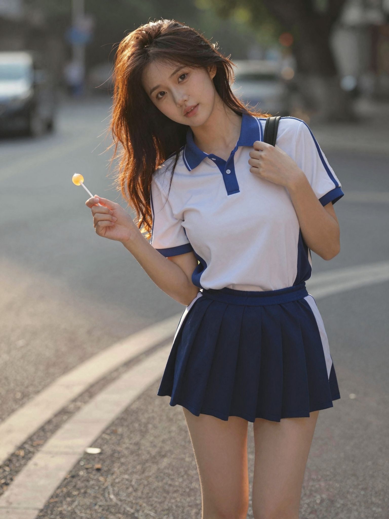 Sunlit street portrait in blue-and-white polo and pleated skirt