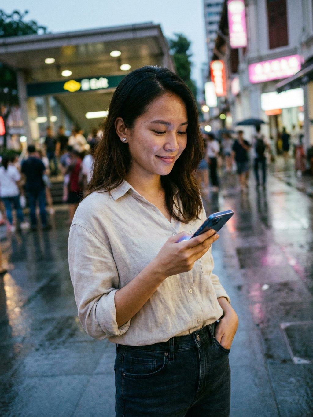 A soft smile caught in phone glow after rain