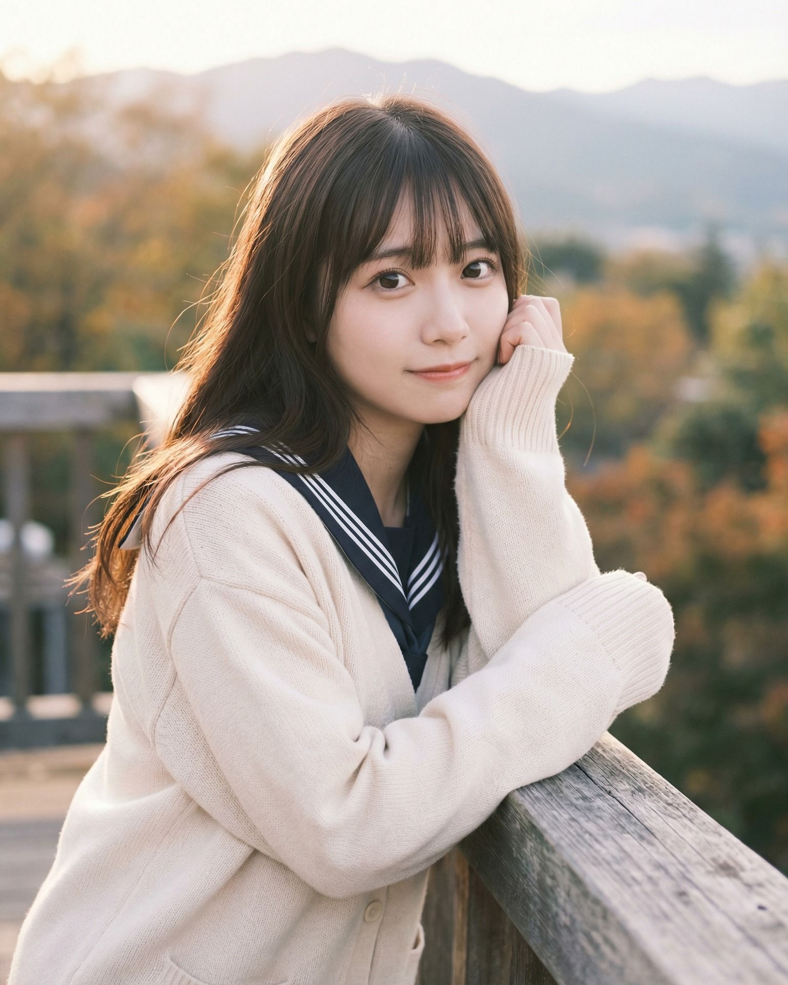 Soft-Gazed Portrait by the Wooden Railing in Warm Light