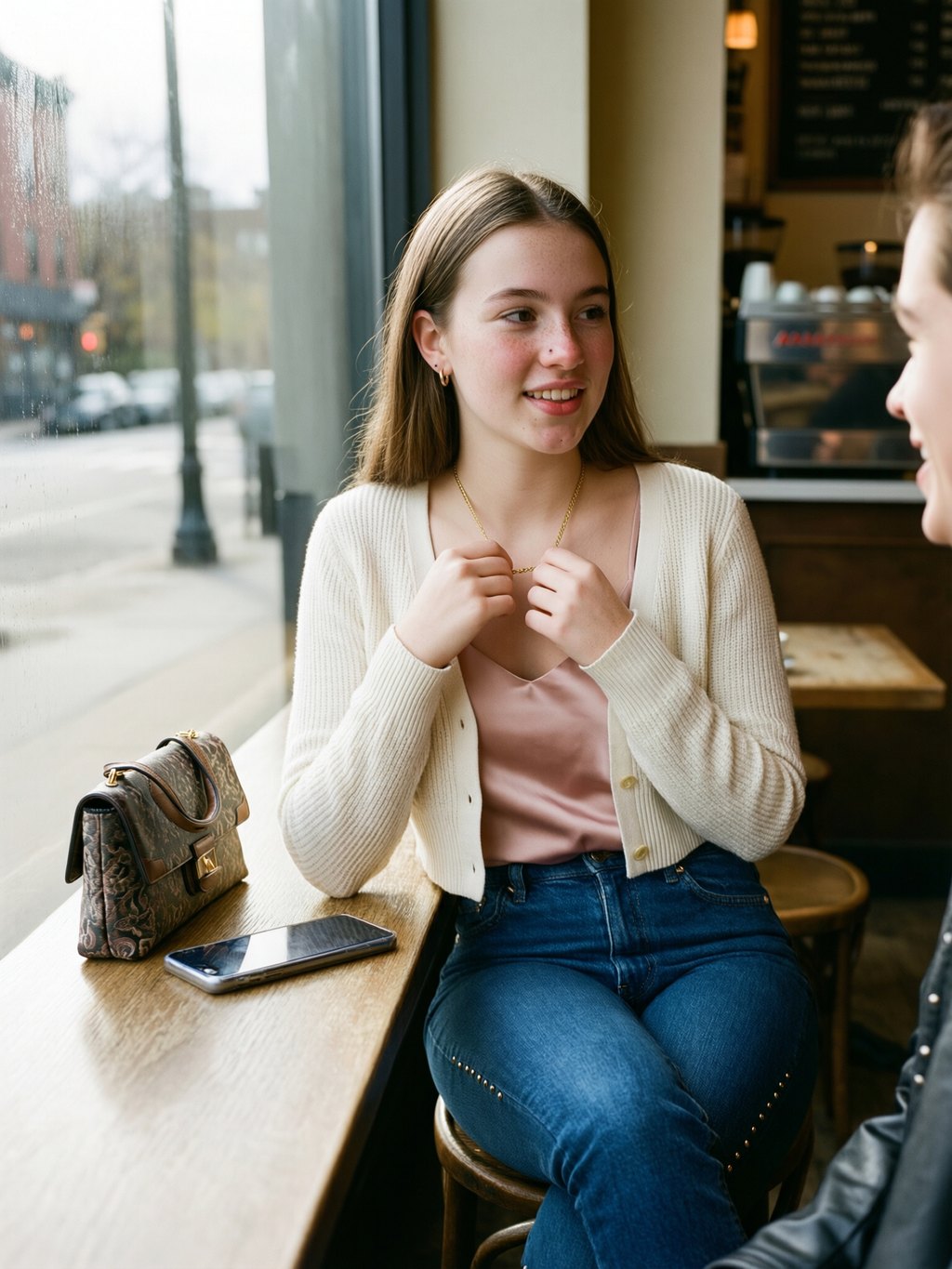 A Sunlit Cafe Glance and a Necklace Half-Drawn