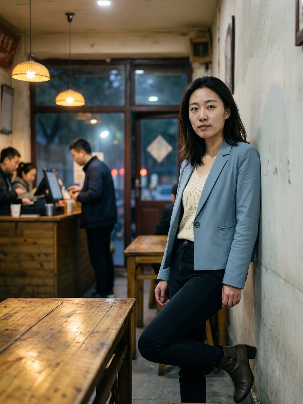 Quiet poise against a worn wall under warm pendant light