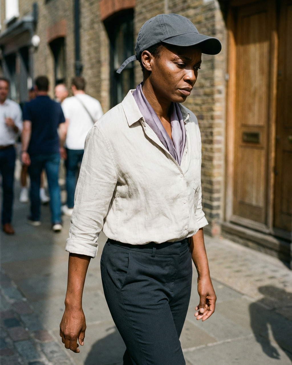 Woman Walking in Harsh Sunlight, Focused and Unhurried