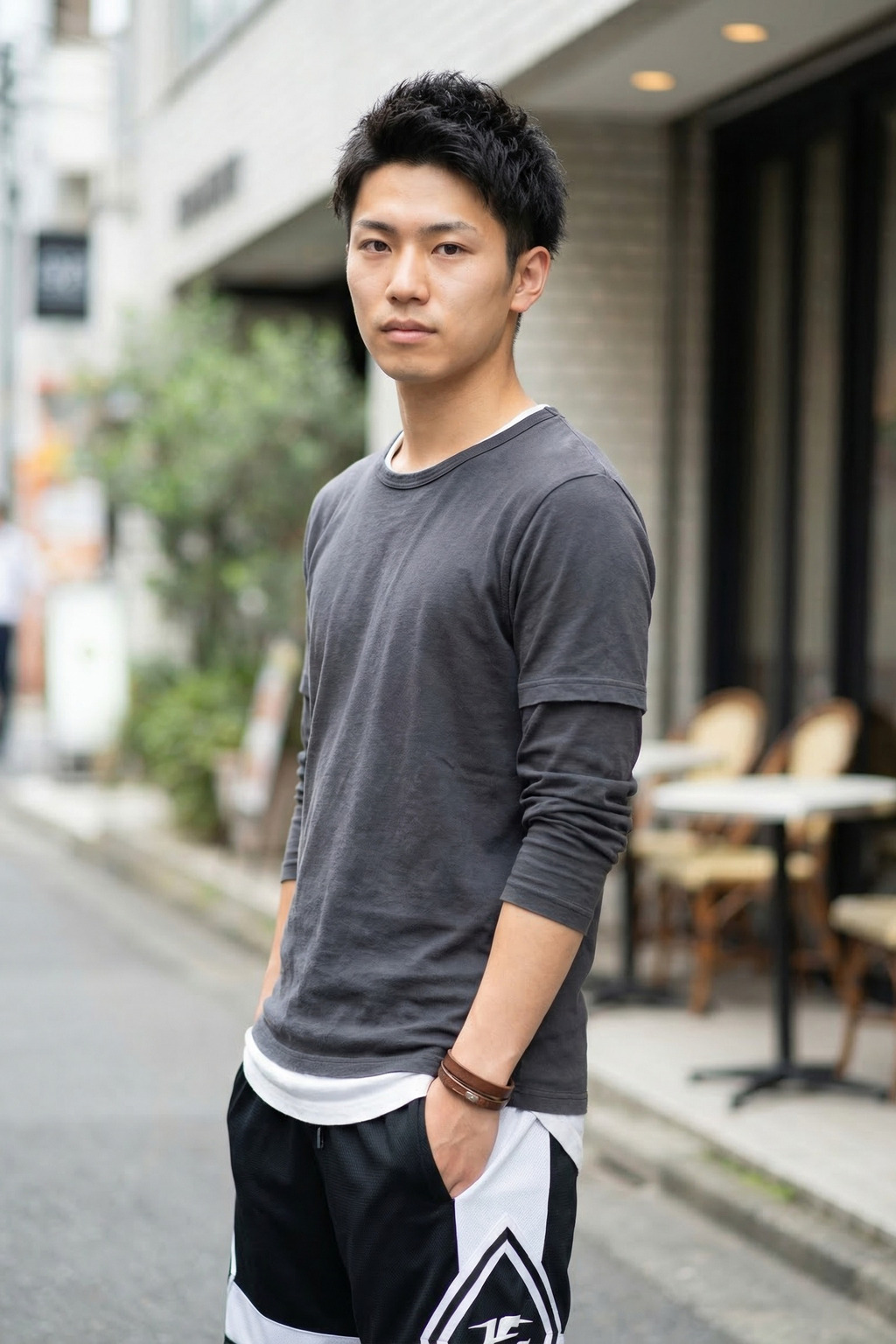 Calm Street Portrait in Layered Charcoal Long Sleeve