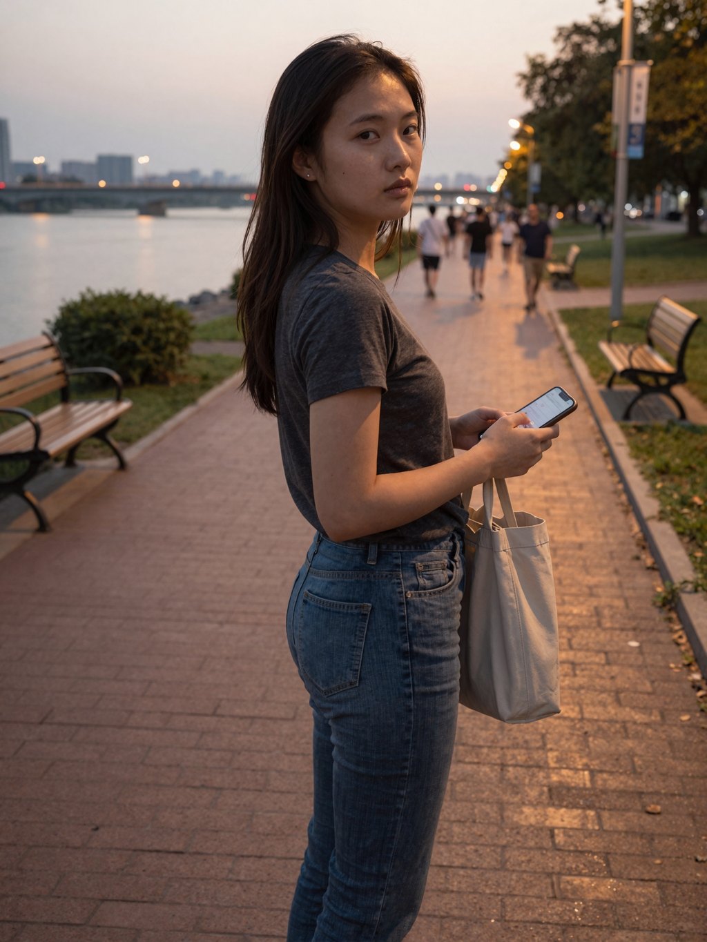 Young woman glancing back on a riverside path