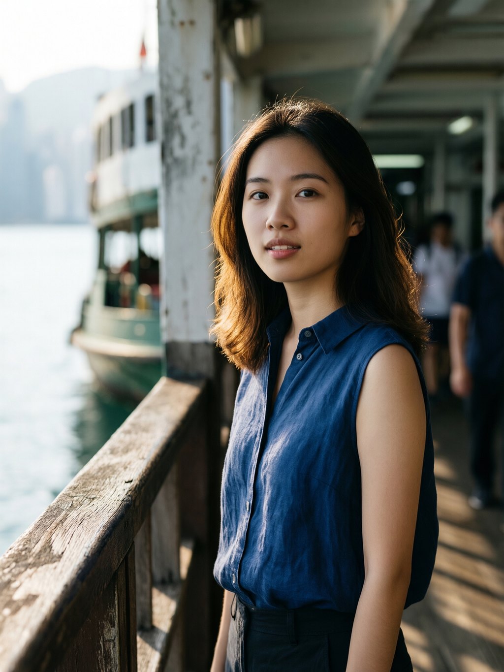 Quiet gaze by the weathered railing, soft backlight