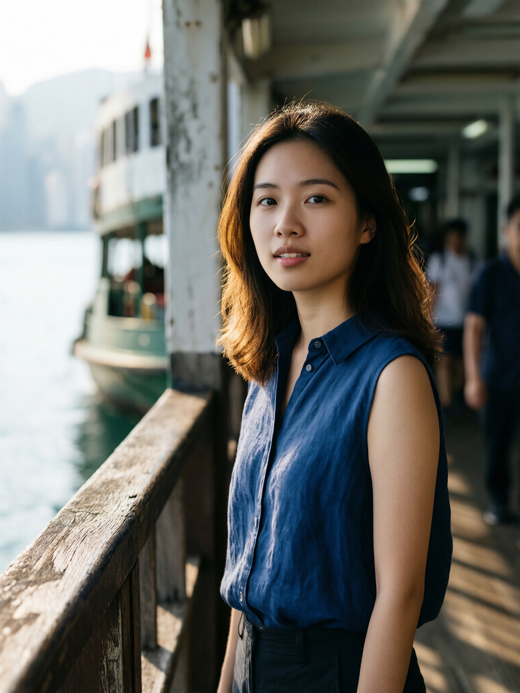 Quiet gaze by the weathered railing, soft backlight