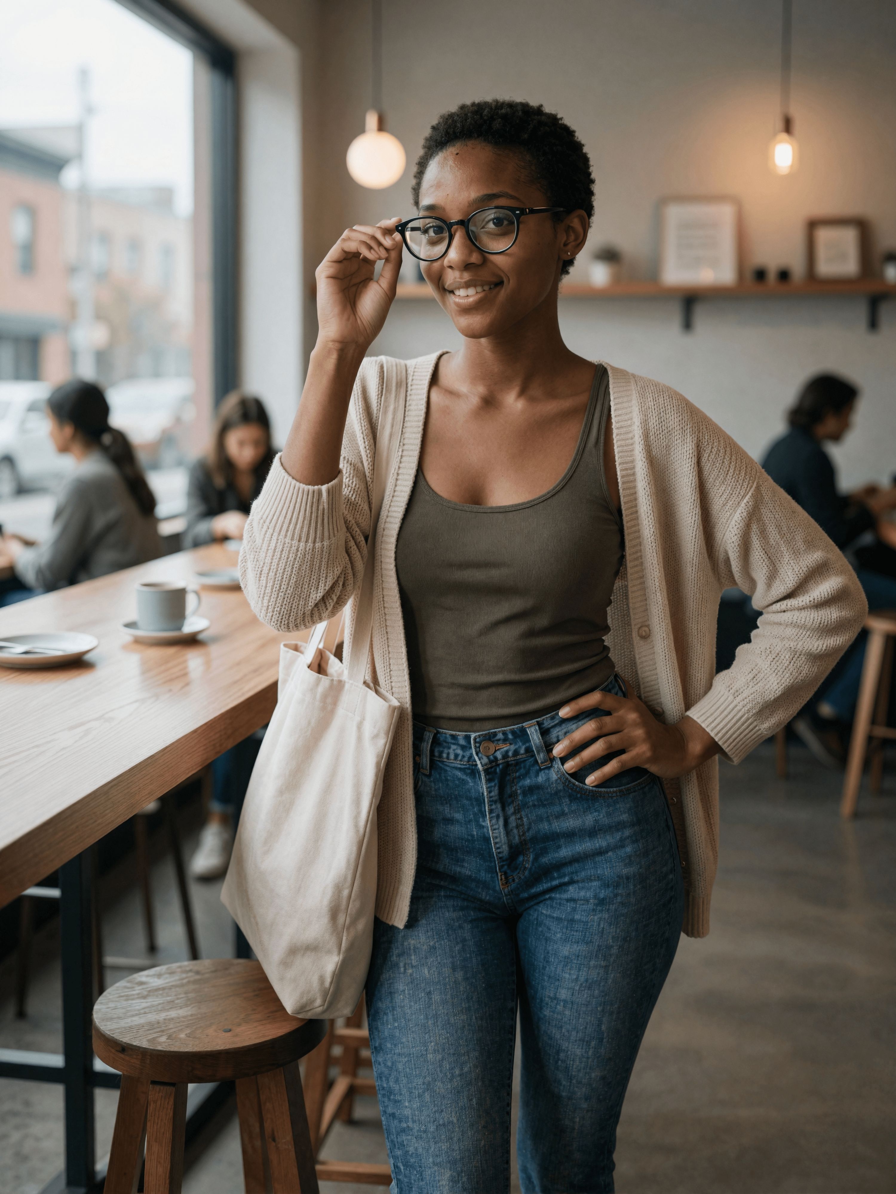 Soft smile in a café, hand on glasses